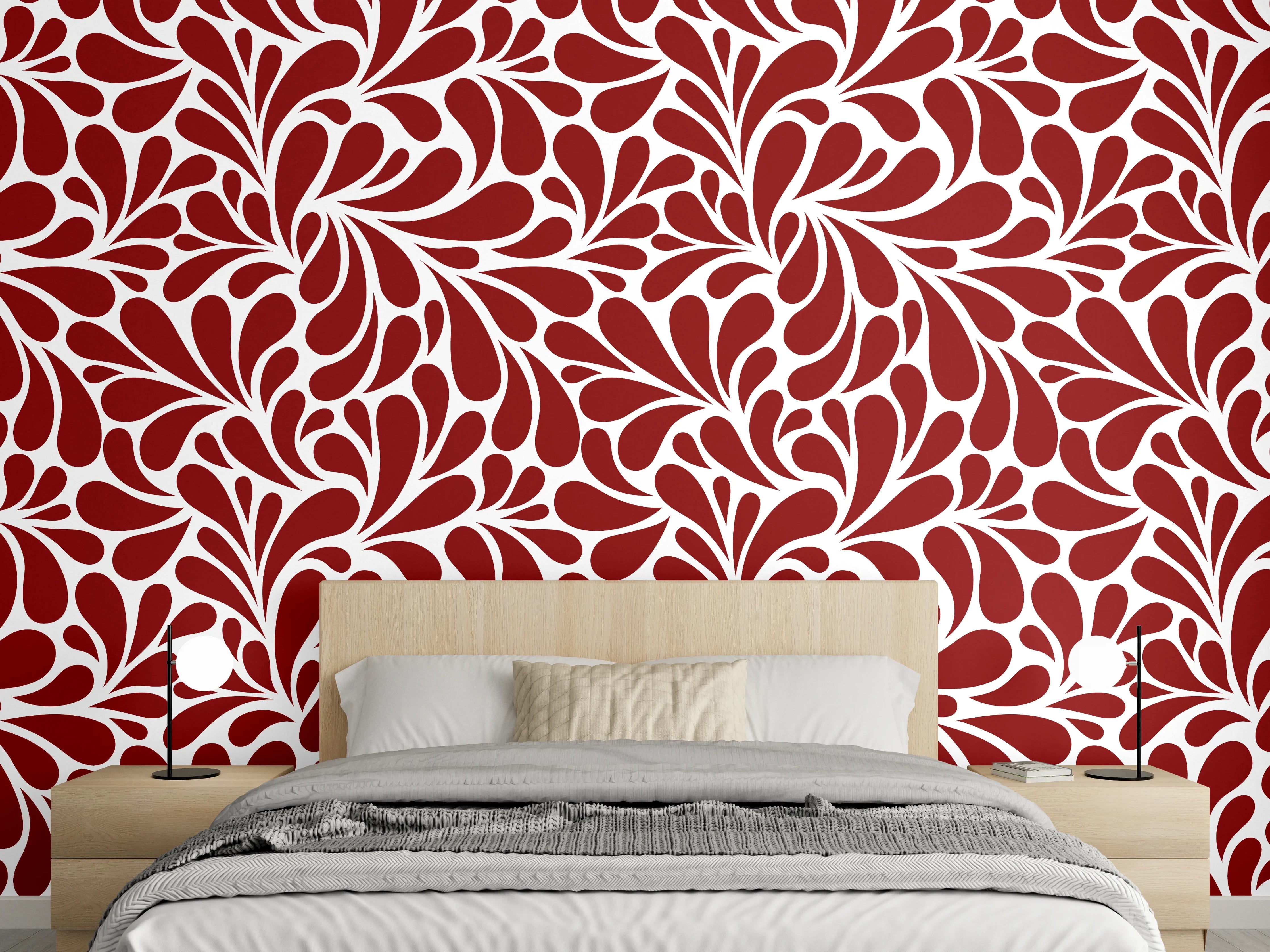 Wandverkleidung Schlafzimmer - Florales Retro-Muster in Rot-Weiß