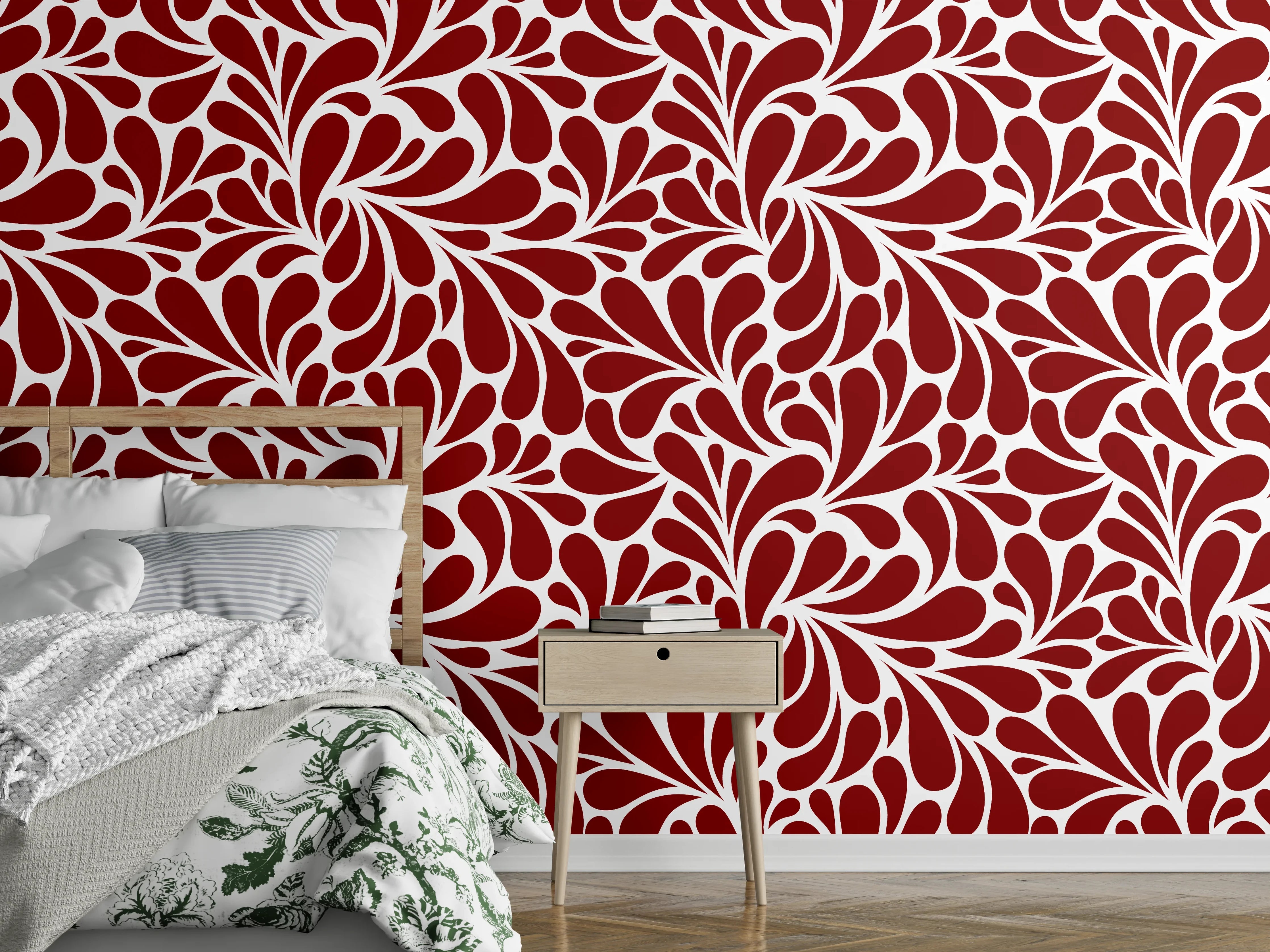 Wandverkleidung Schlafzimmer - Florales Retro-Muster in Rot-Weiß