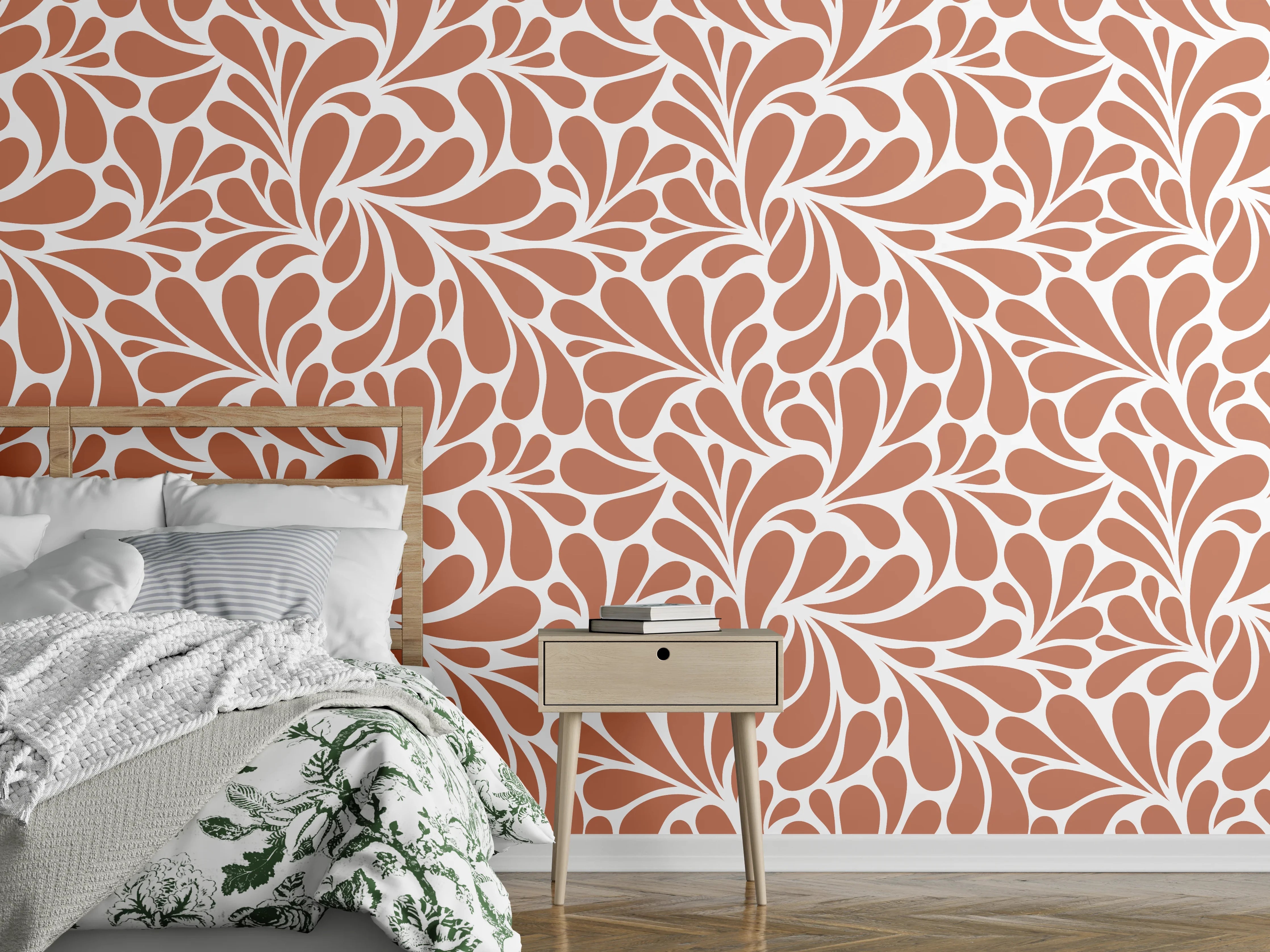 Wandverkleidung Schlafzimmer - Florales Retro-Muster in Warmbraun