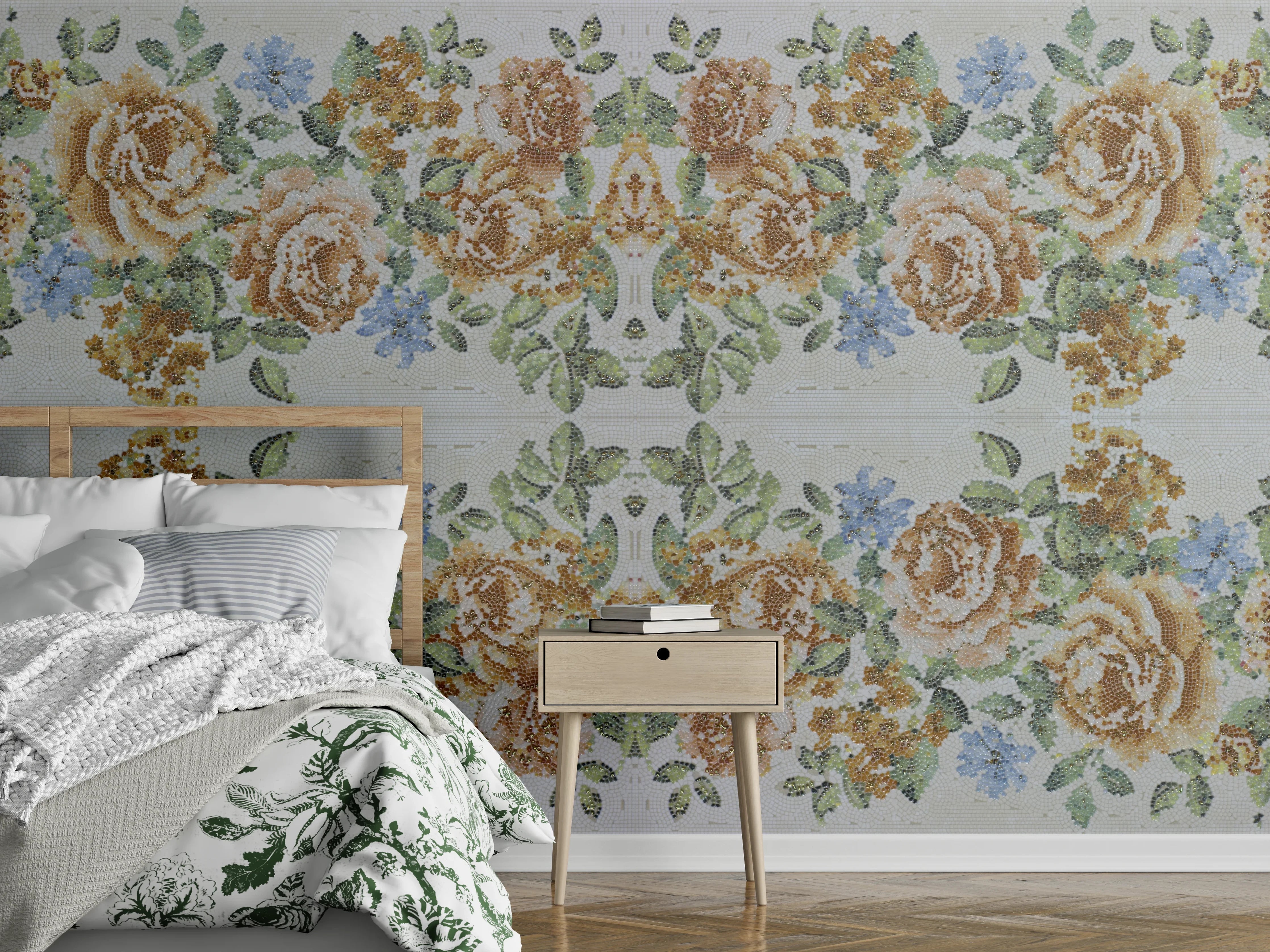 Wandverkleidung Schlafzimmer - Florales Stickerei-Muster Rosen & Blüten