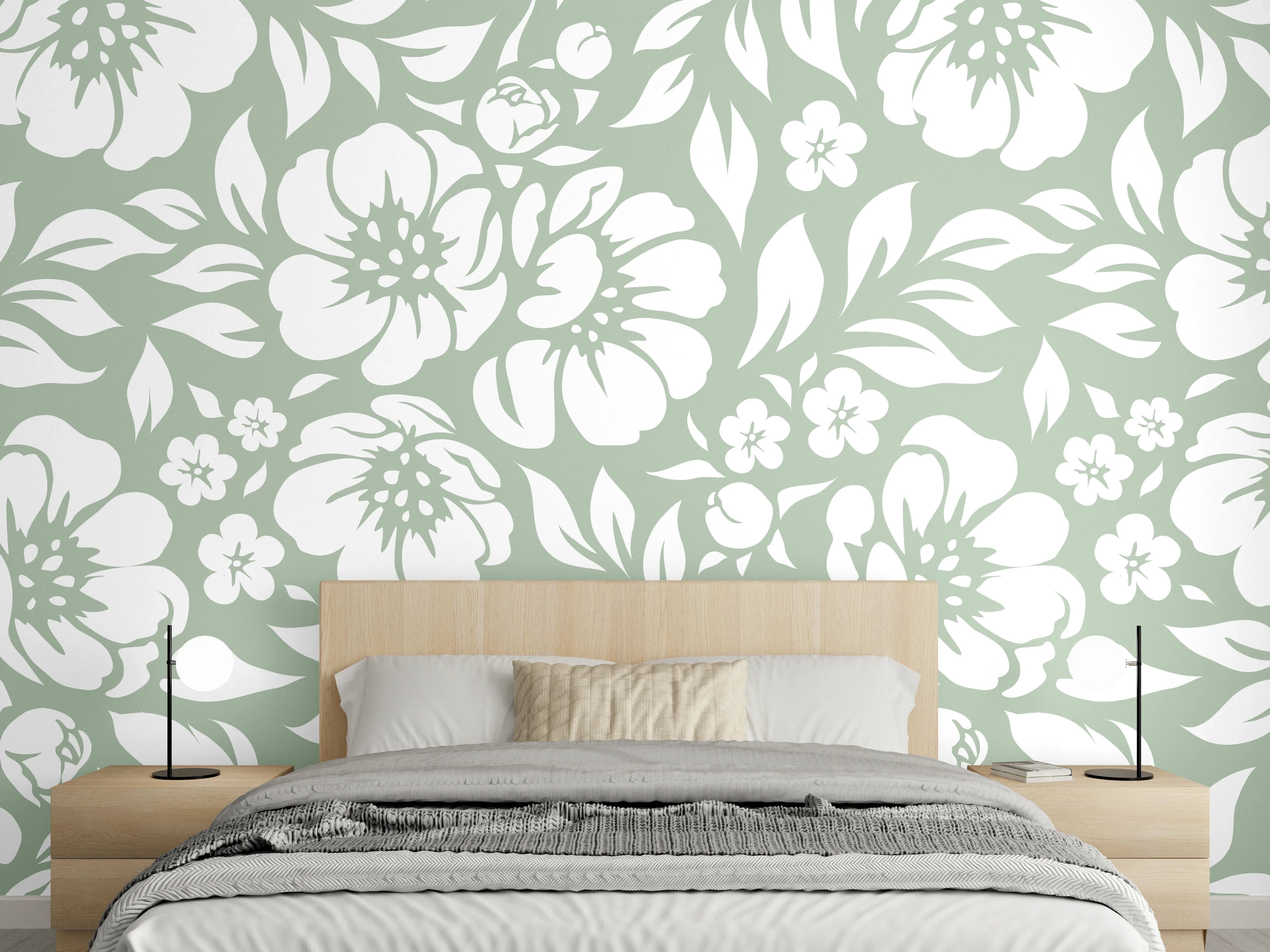 Wandverkleidung Schlafzimmer - Florales Tapetenmuster in Weiß-Grün