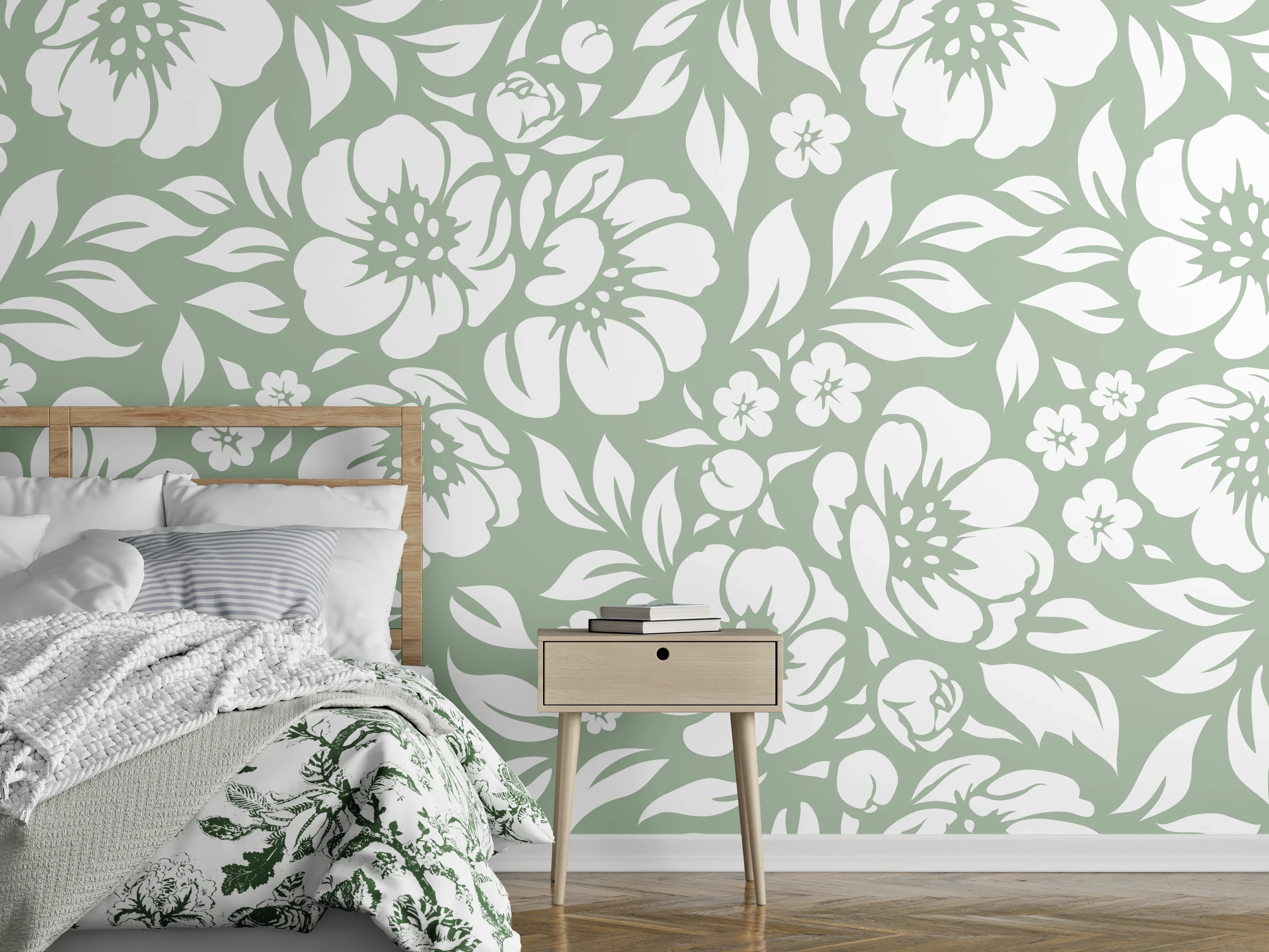 Wandverkleidung Schlafzimmer - Florales Tapetenmuster in Weiß-Grün