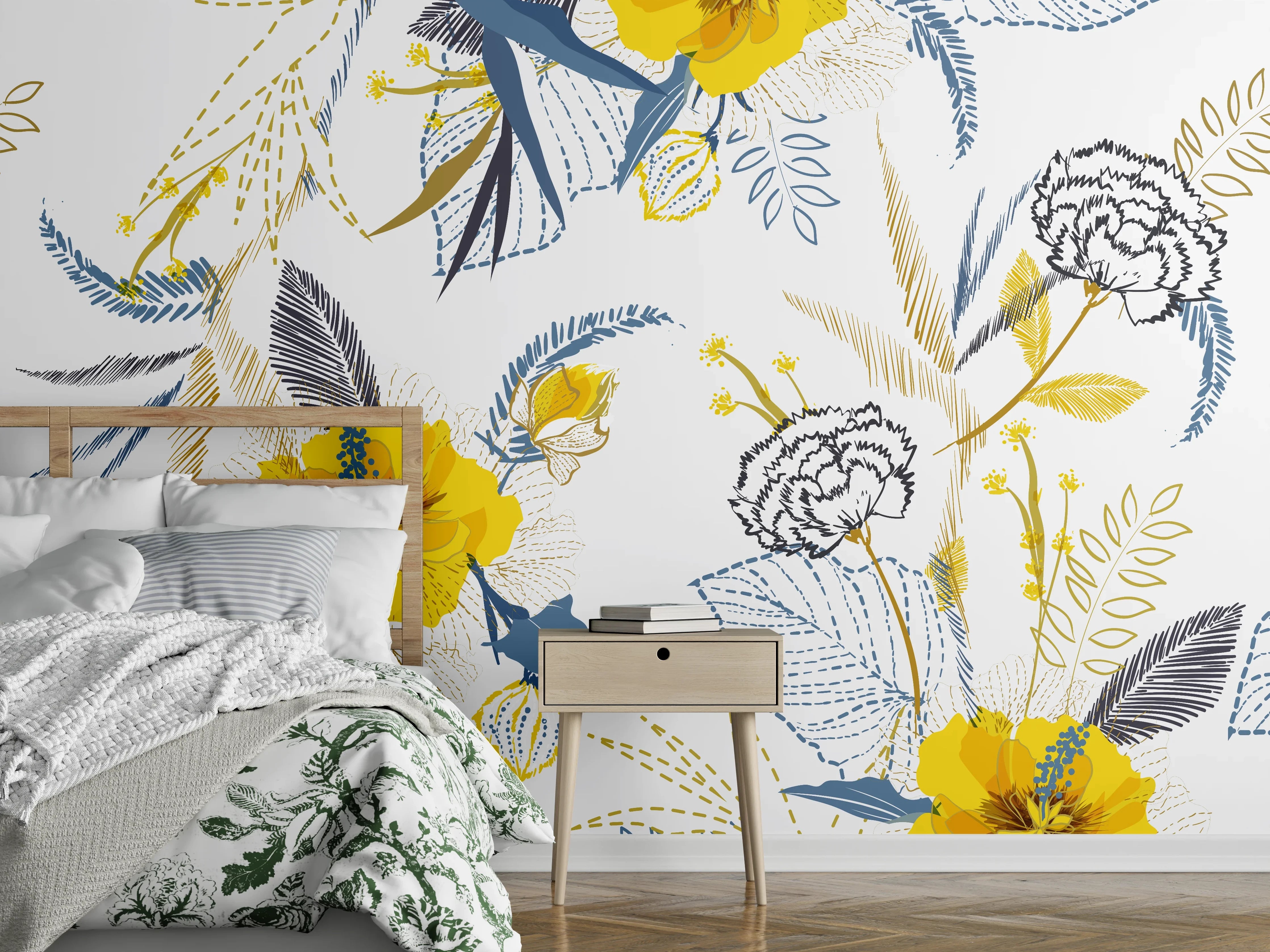 Wandverkleidung Schlafzimmer - Florales Vintage Muster Gelb-Blau Illustration