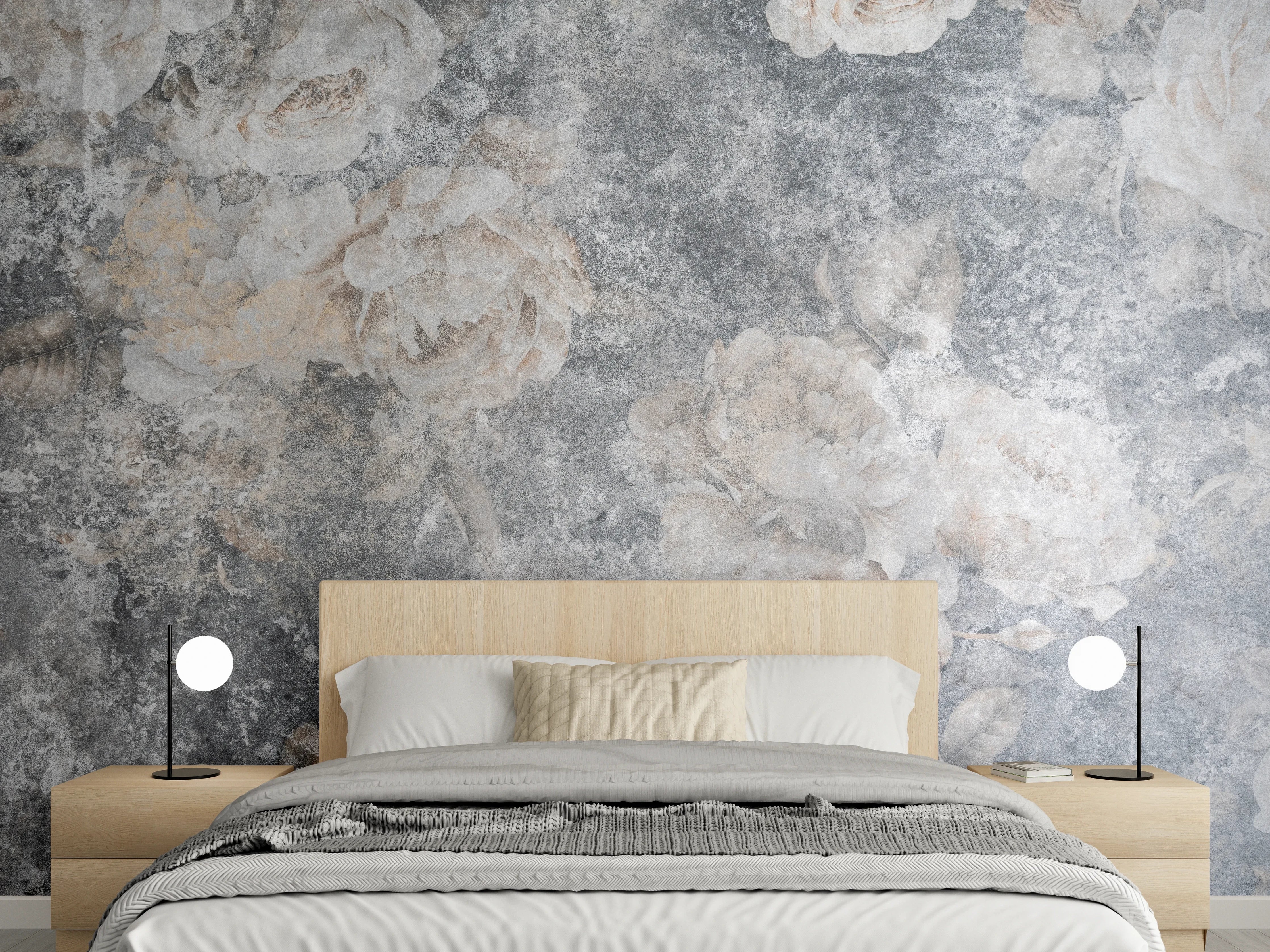 Wandverkleidung Schlafzimmer - Florales Vintage-Muster in Grau und Beige