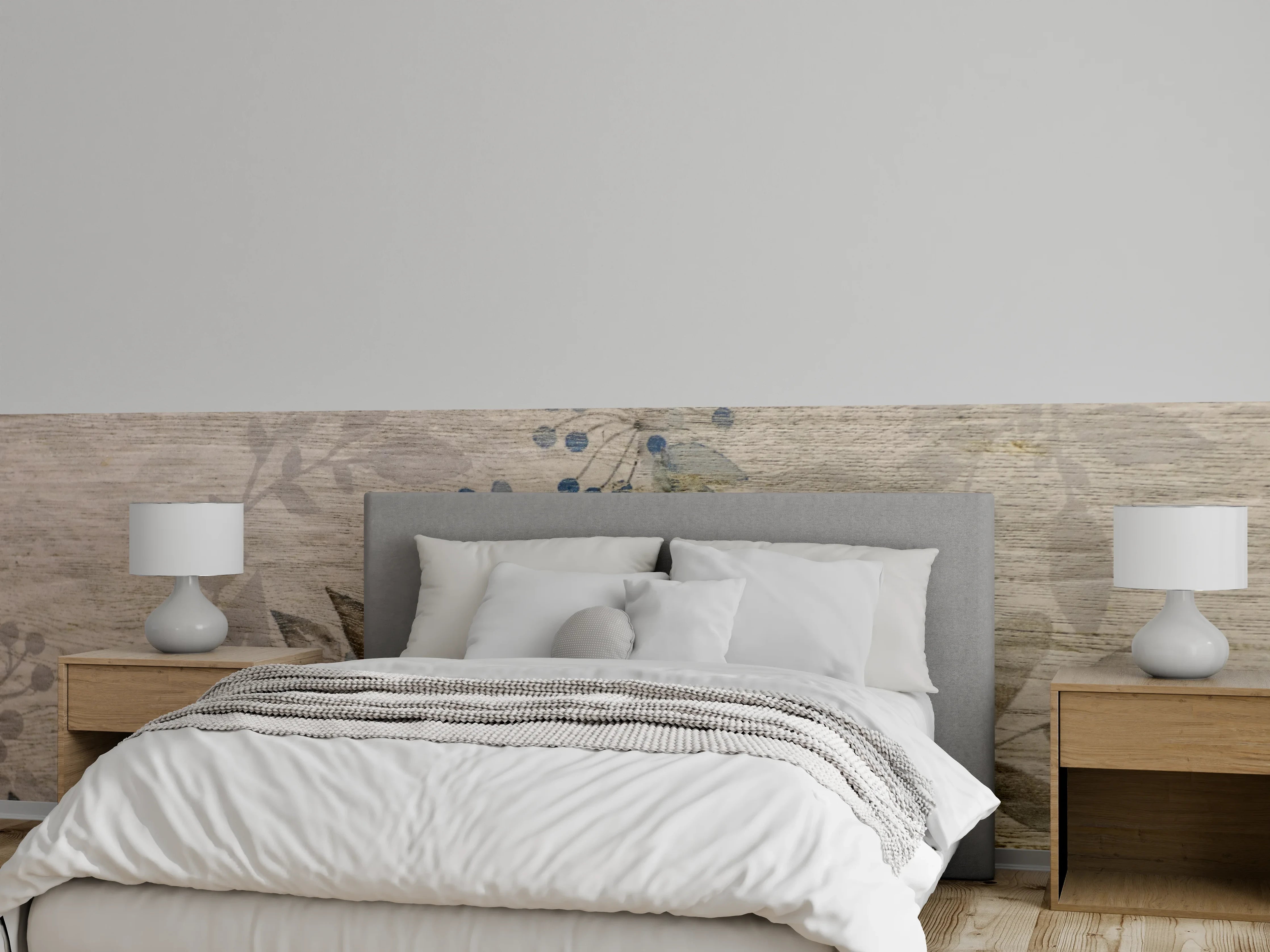 Wandverkleidung Schlafzimmer - Florales Vintage-Muster mit Holzoptik