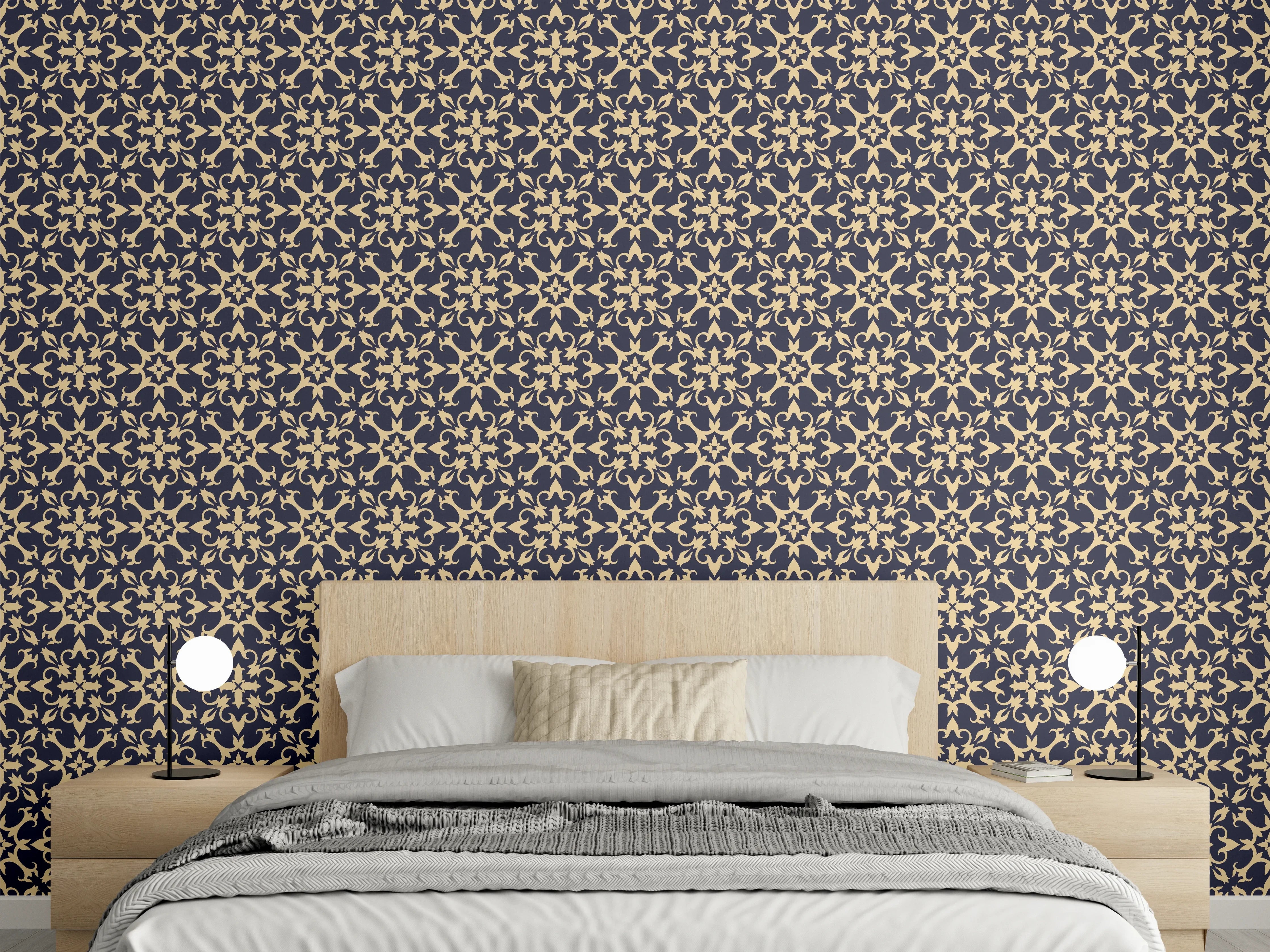 Wandverkleidung Schlafzimmer - Florales Vintage-Ornament in Dunkelblau-Beige