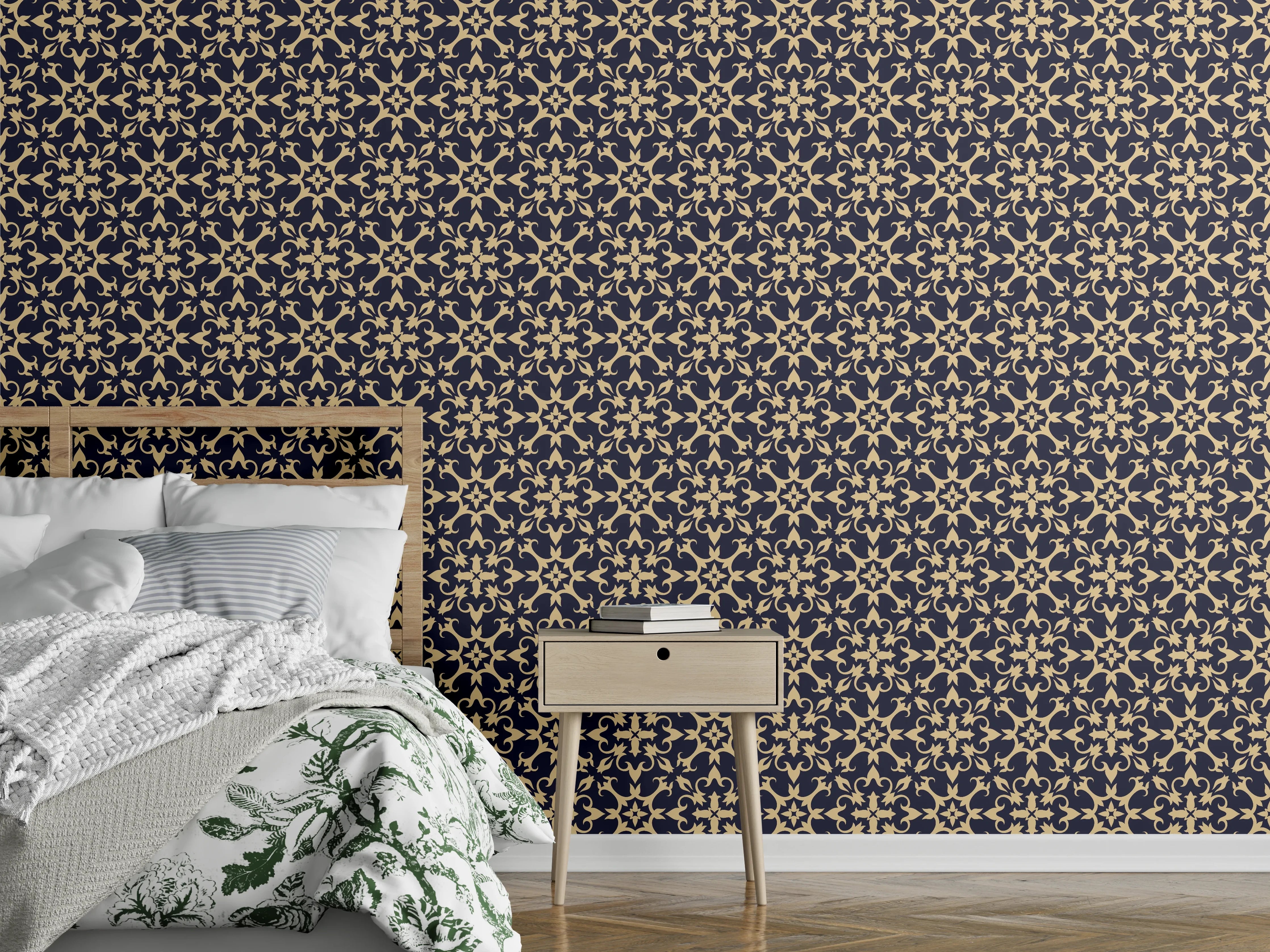 Wandverkleidung Schlafzimmer - Florales Vintage-Ornament in Dunkelblau-Beige