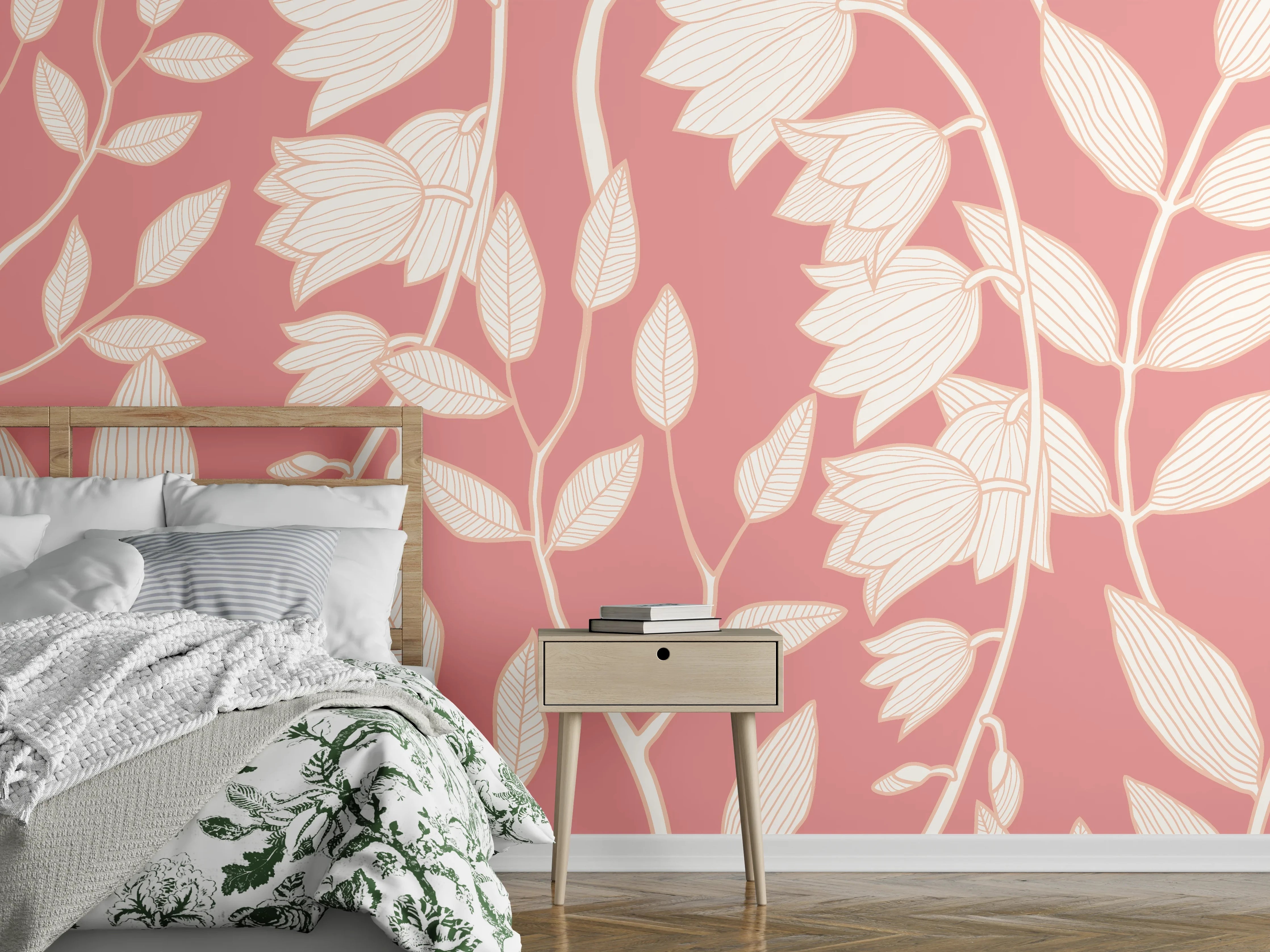 Wandverkleidung Schlafzimmer - Florales Wanddekor in Puderrosa