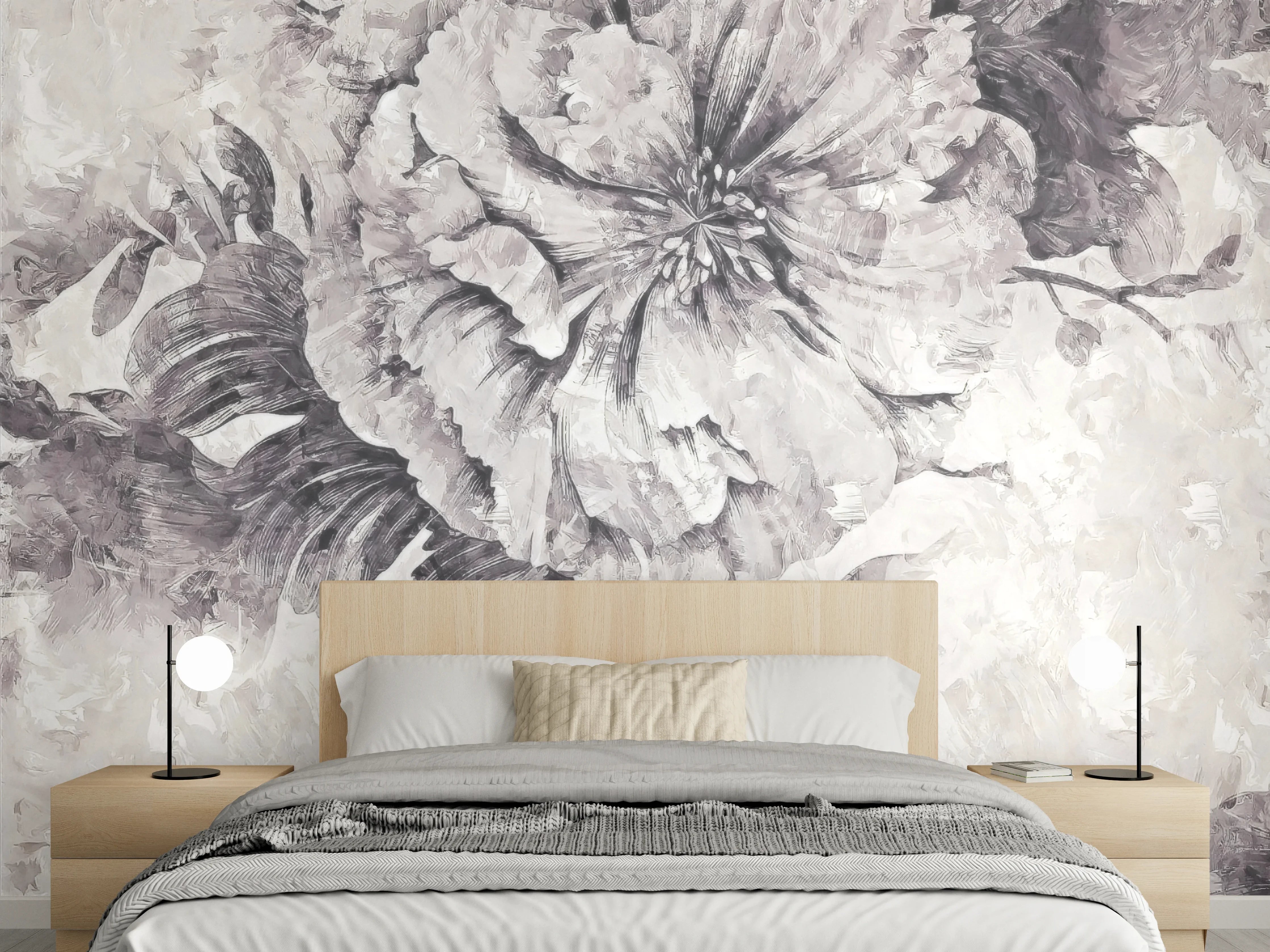 Wandverkleidung Schlafzimmer - Florales Wandmotiv Schwarz-Weiß Optik