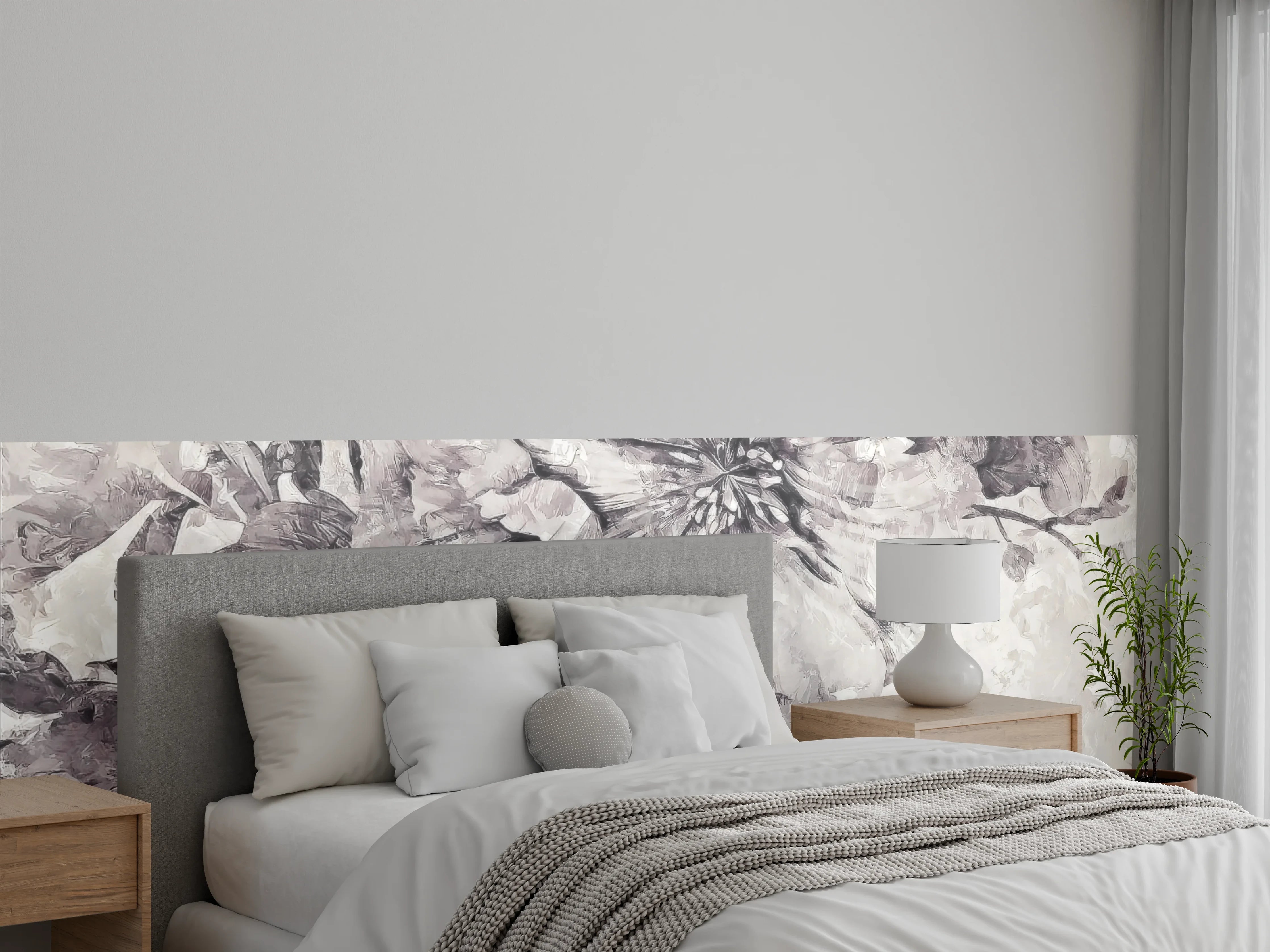 Wandverkleidung Schlafzimmer - Florales Wandmotiv Schwarz-Weiß Optik