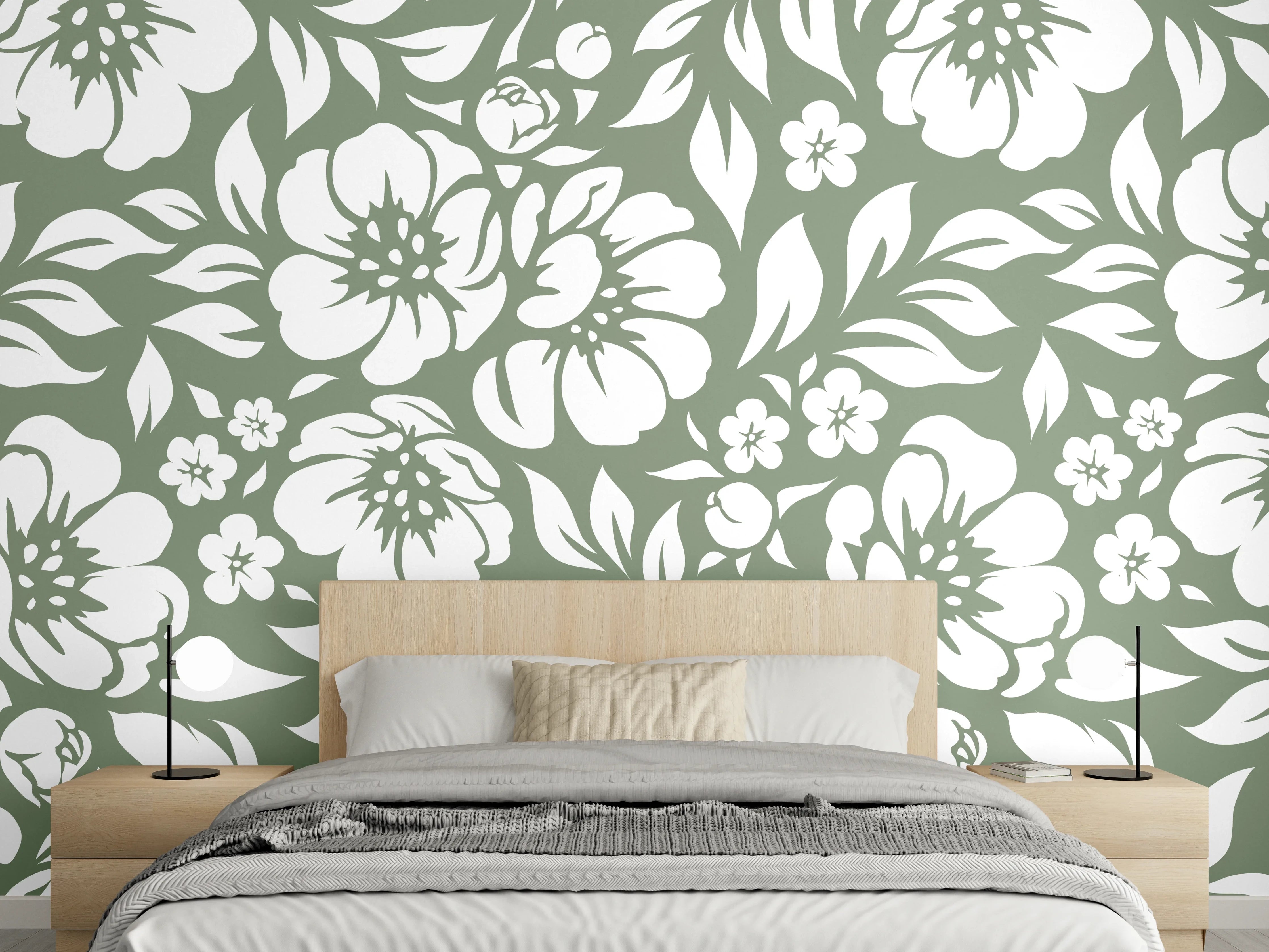 Wandverkleidung Schlafzimmer - Florales Wandmotiv in Weiß und Grün
