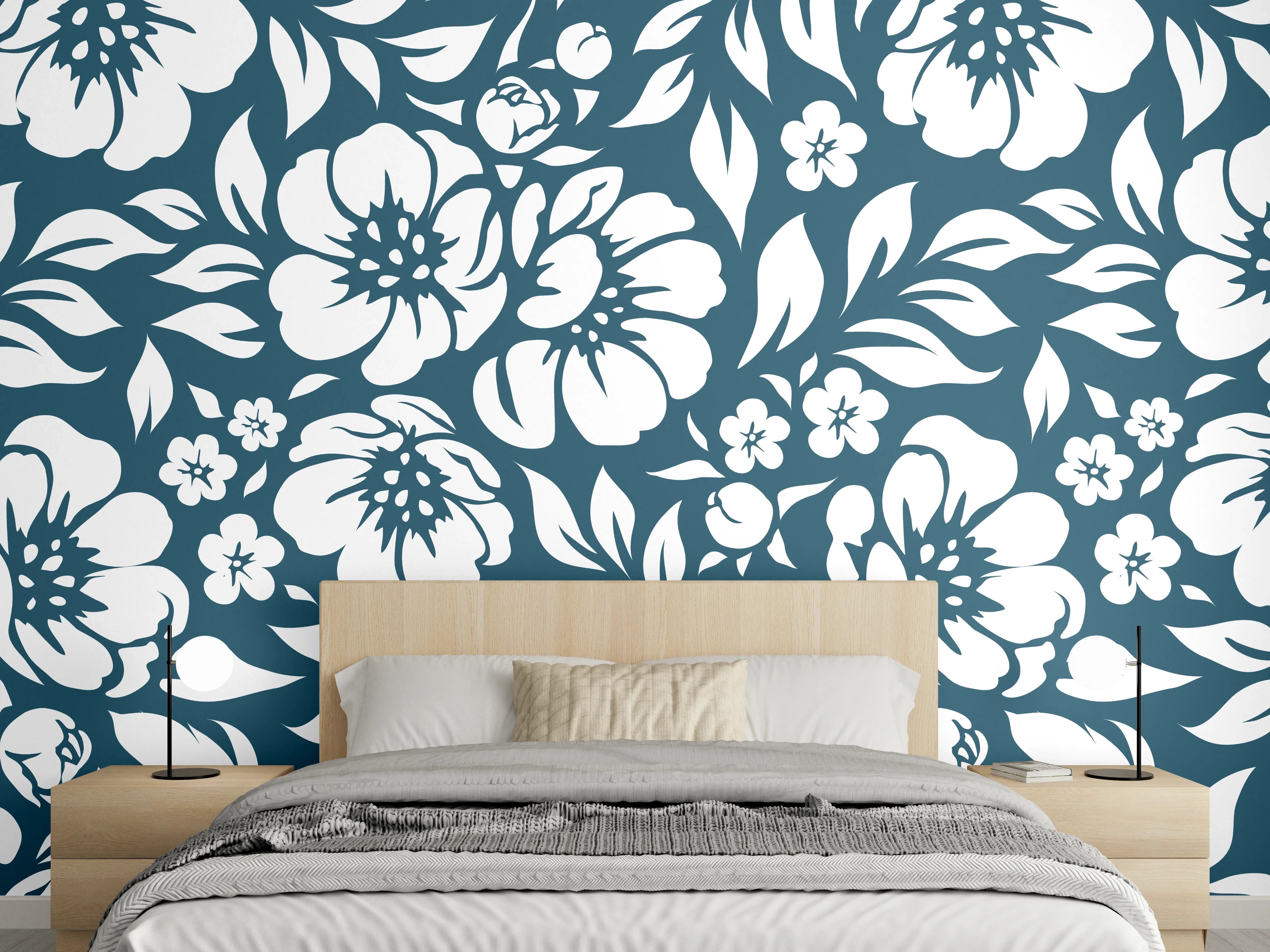 Wandverkleidung Schlafzimmer - Florales Wandmuster in Blau-Weiß