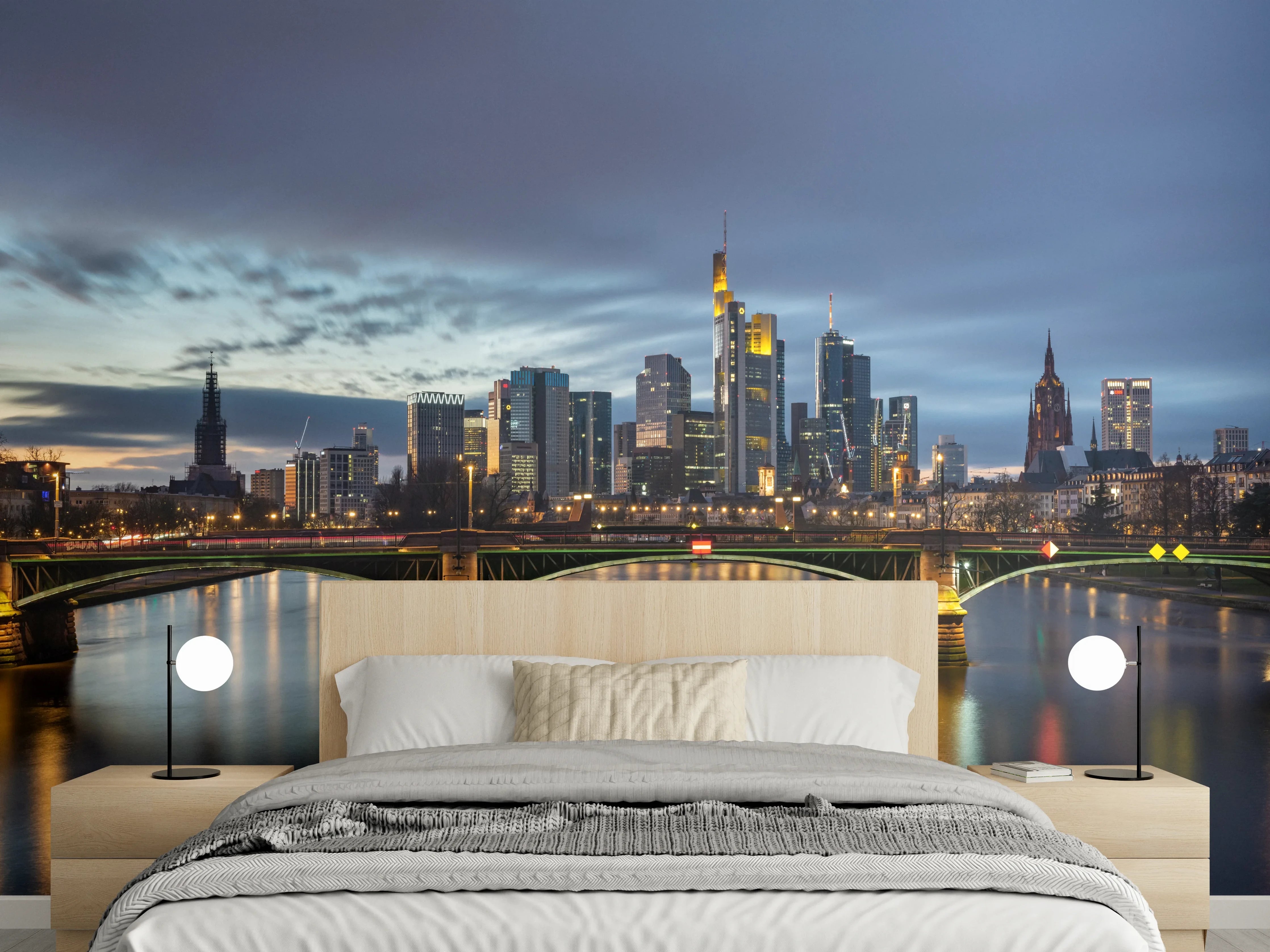 Wandverkleidung Schlafzimmer - Flussansicht in der Dämmerung von Frankfurt