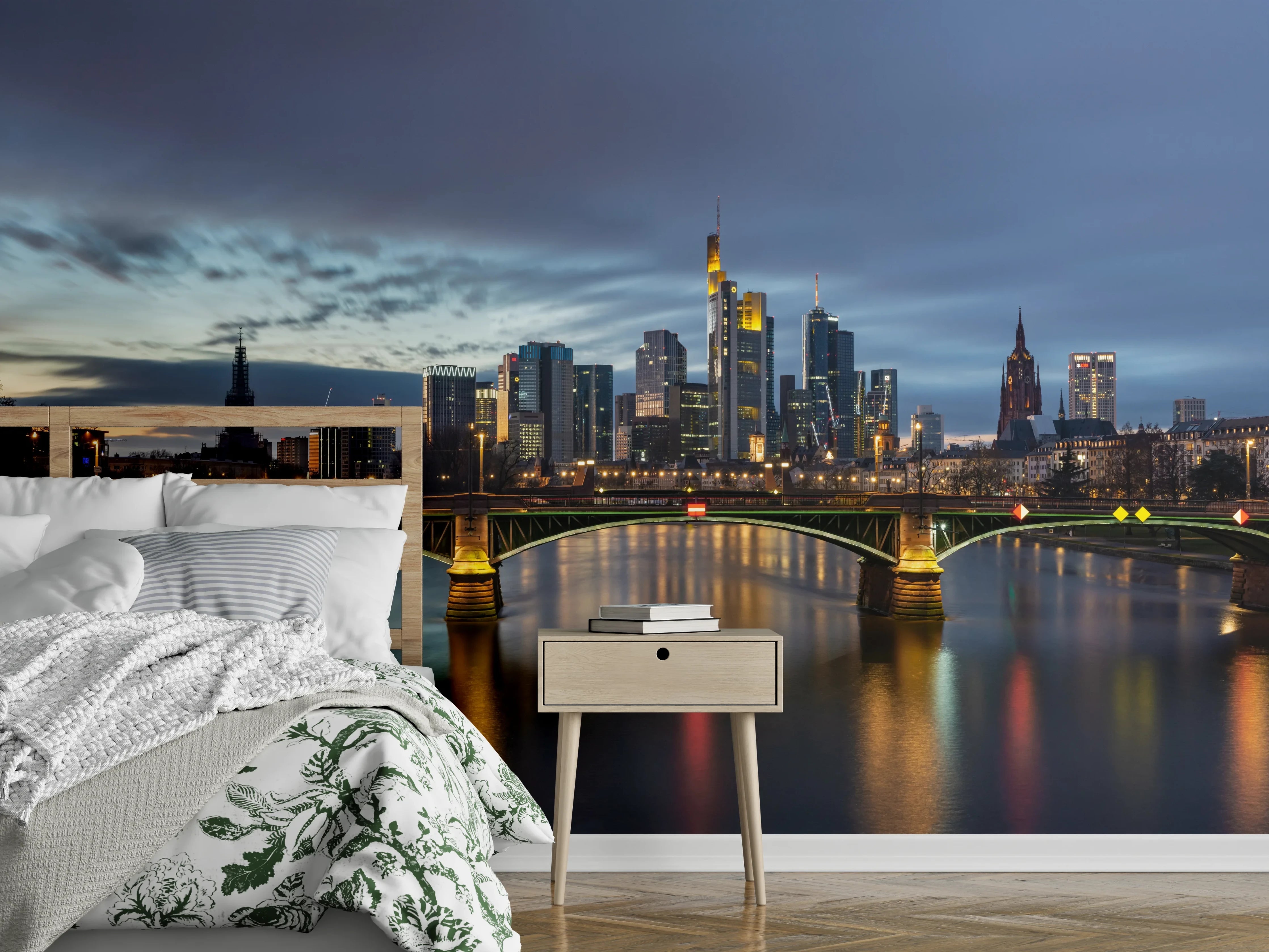 Wandverkleidung Schlafzimmer - Flussansicht in der Dämmerung von Frankfurt