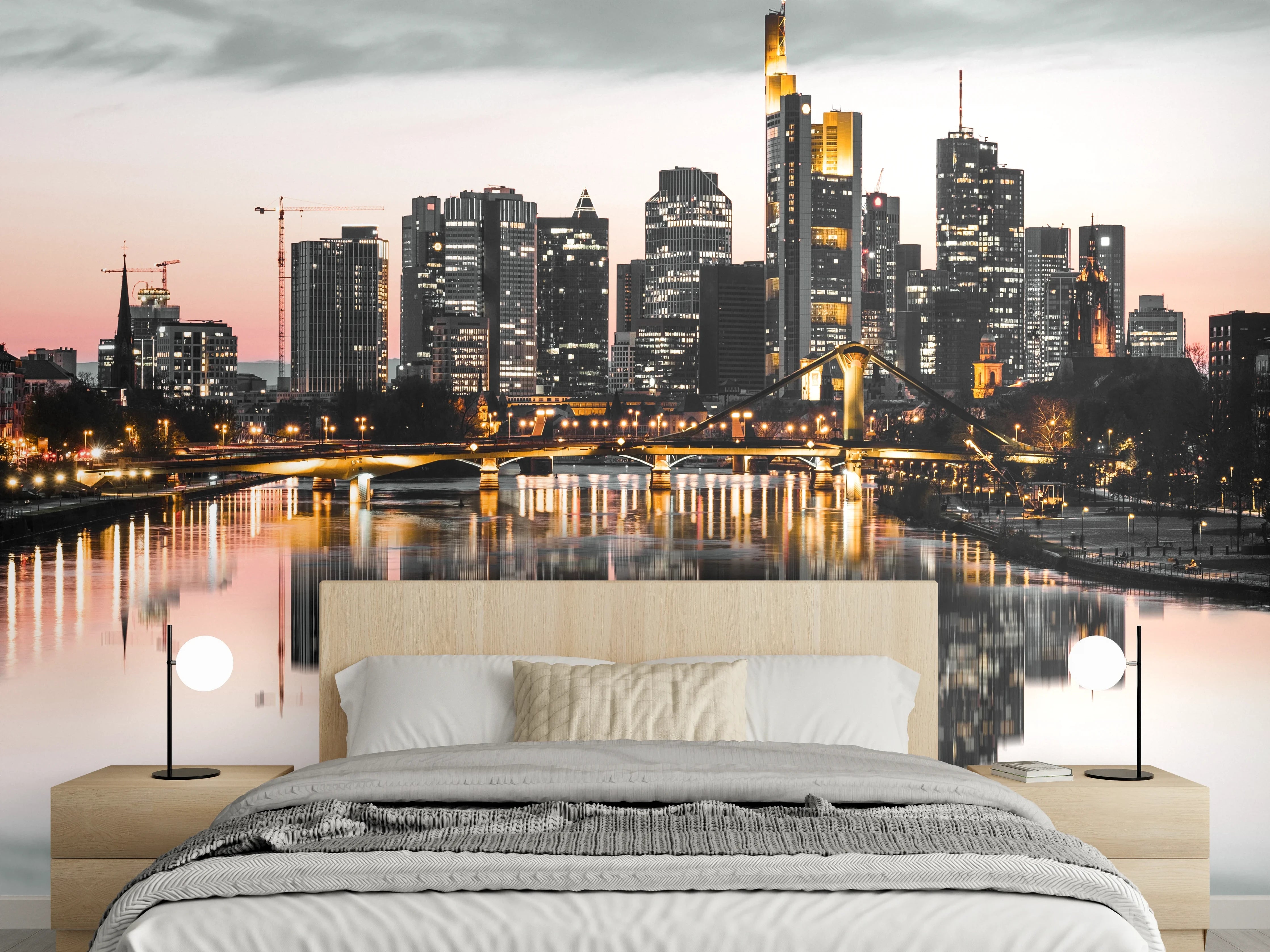 Wandverkleidung Schlafzimmer - Frankfurt Skyline Spiegelung Abend