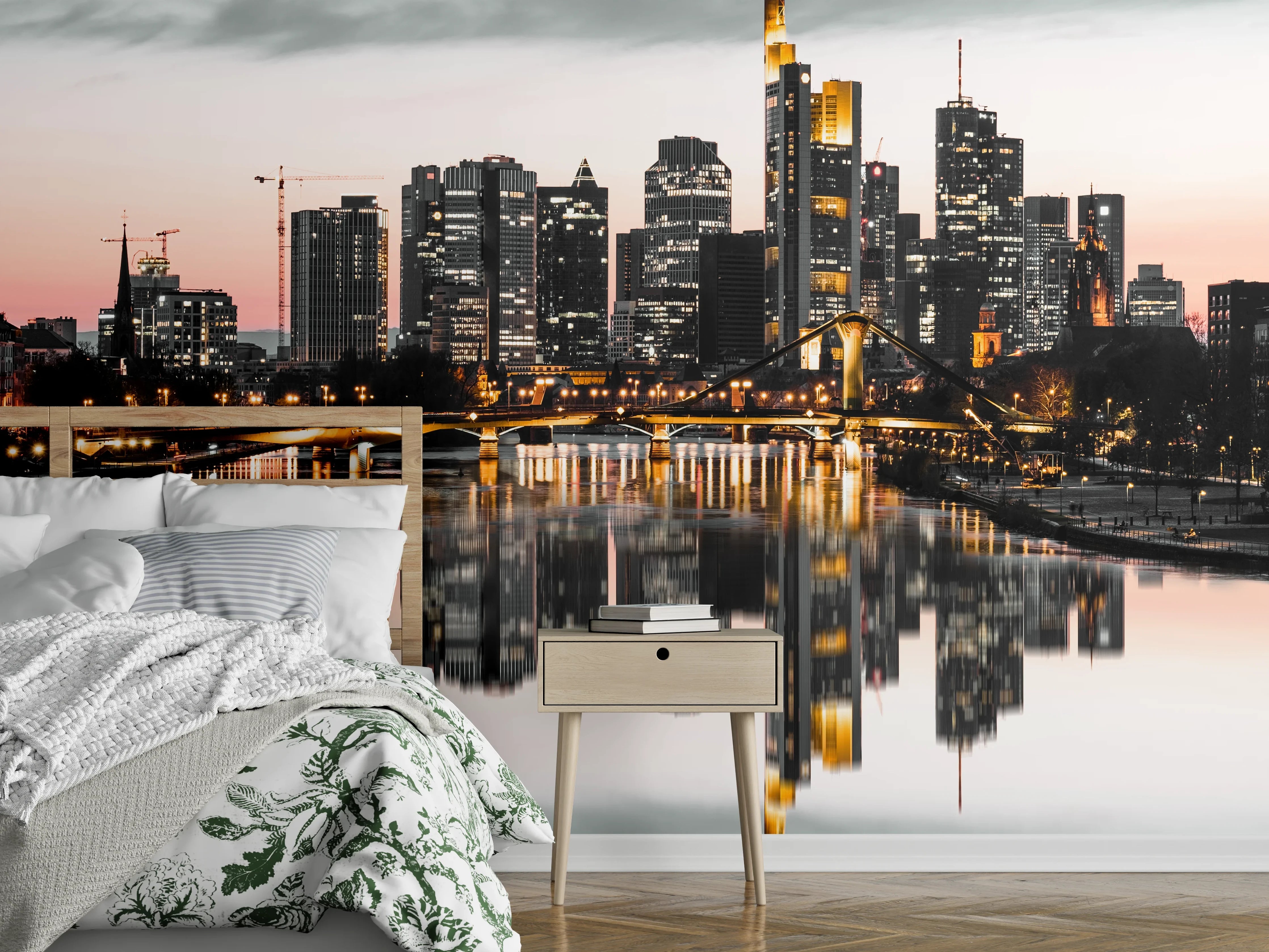 Wandverkleidung Schlafzimmer - Frankfurt Skyline Spiegelung Abend