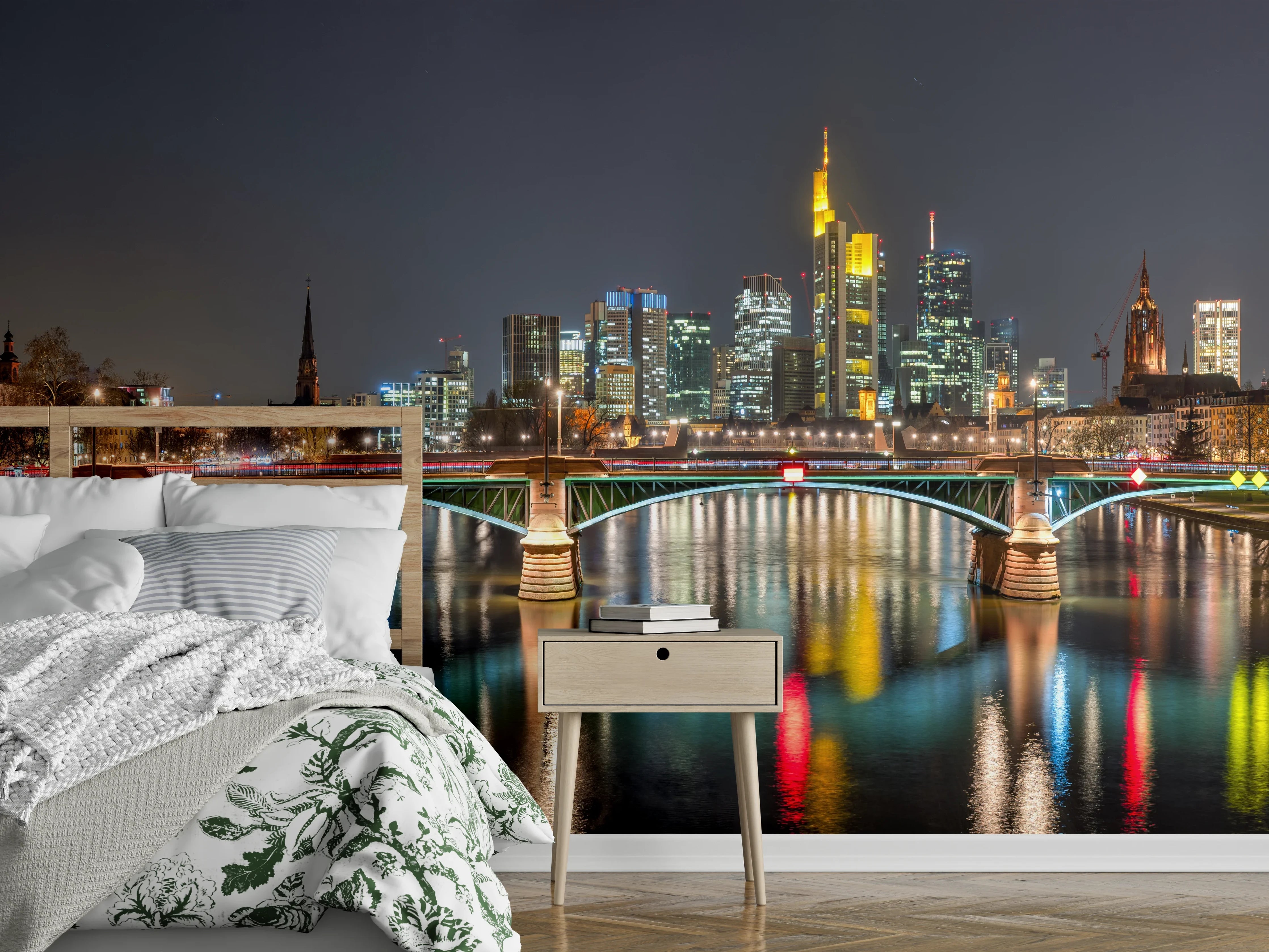 Wandverkleidung Schlafzimmer - Frankfurt Skyline bei Nacht
