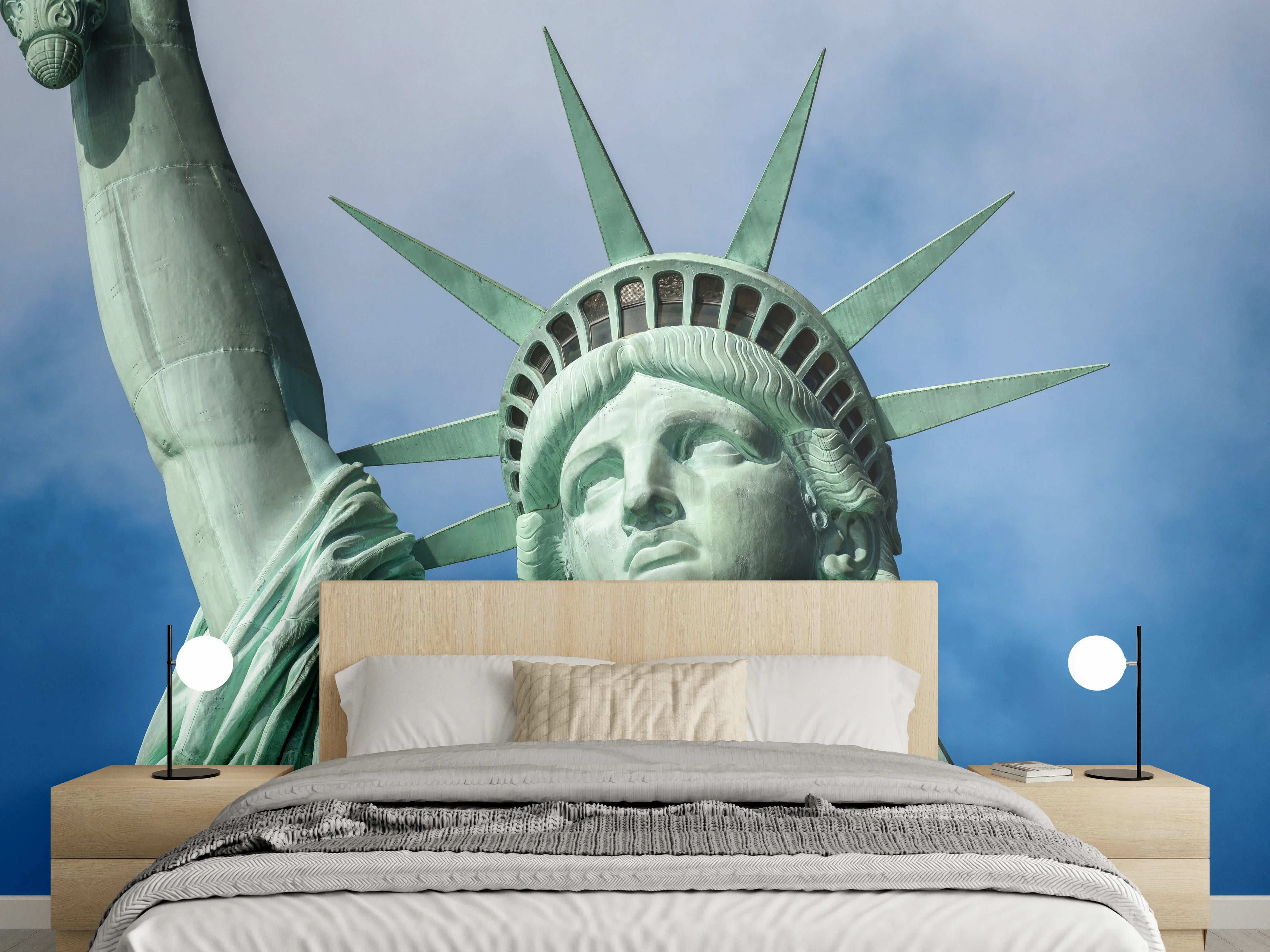 Wandverkleidung Schlafzimmer - Freiheitsstatue Wandbild, New York Skyline