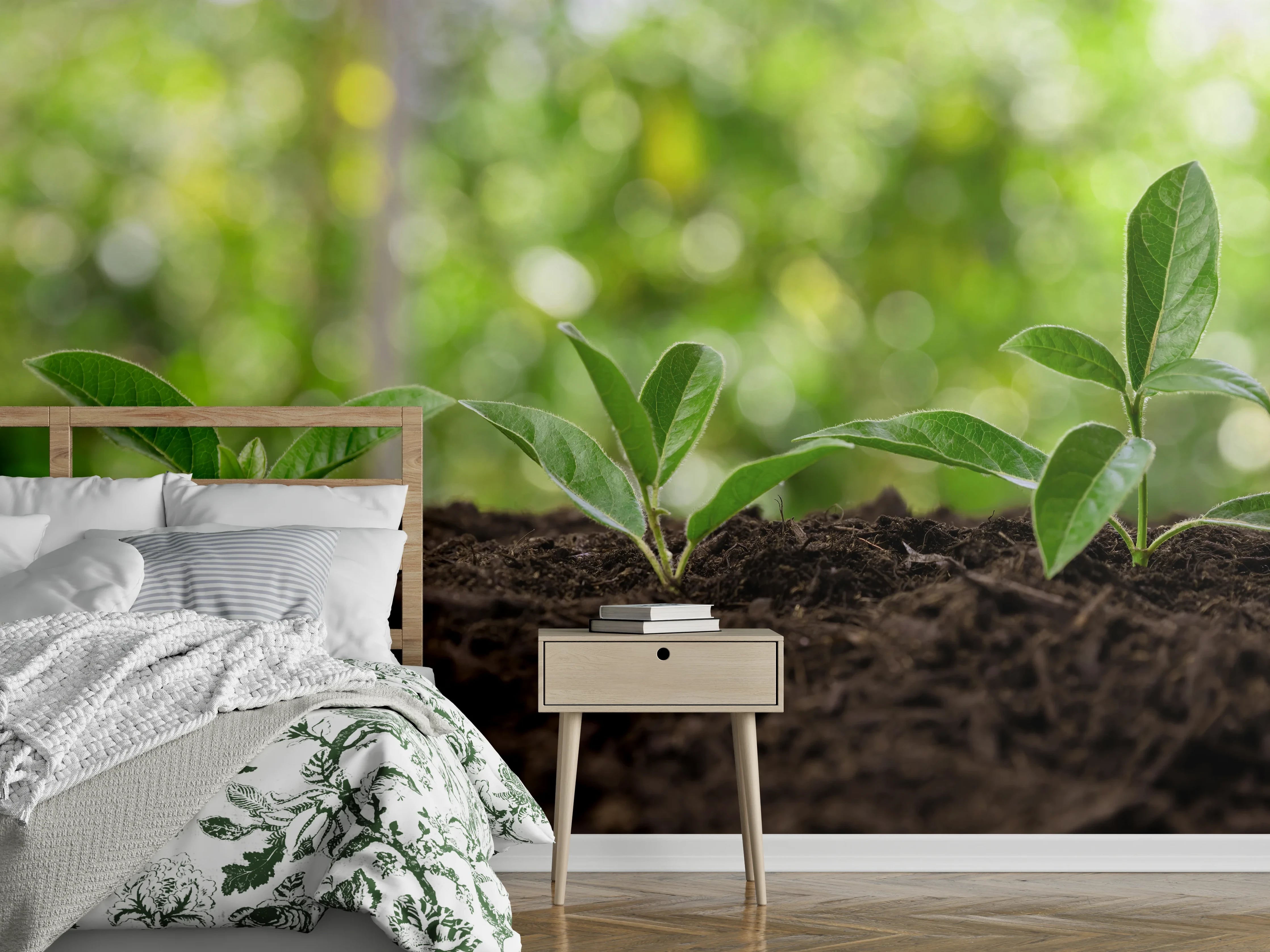 Wandverkleidung Schlafzimmer - Frische Keimlinge auf nährreichem Boden