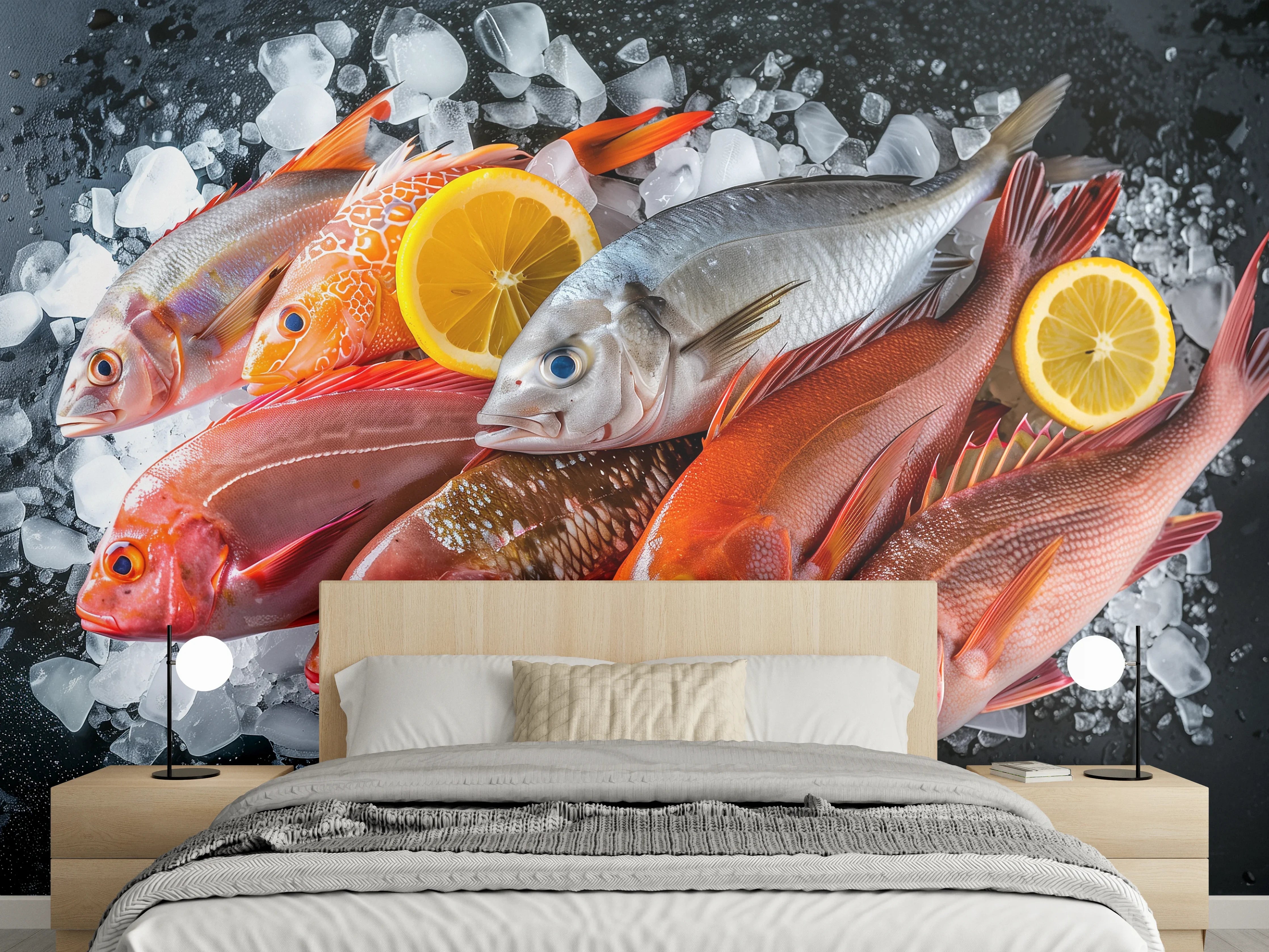 Wandverkleidung Schlafzimmer - Frische Meeresfische auf Eis