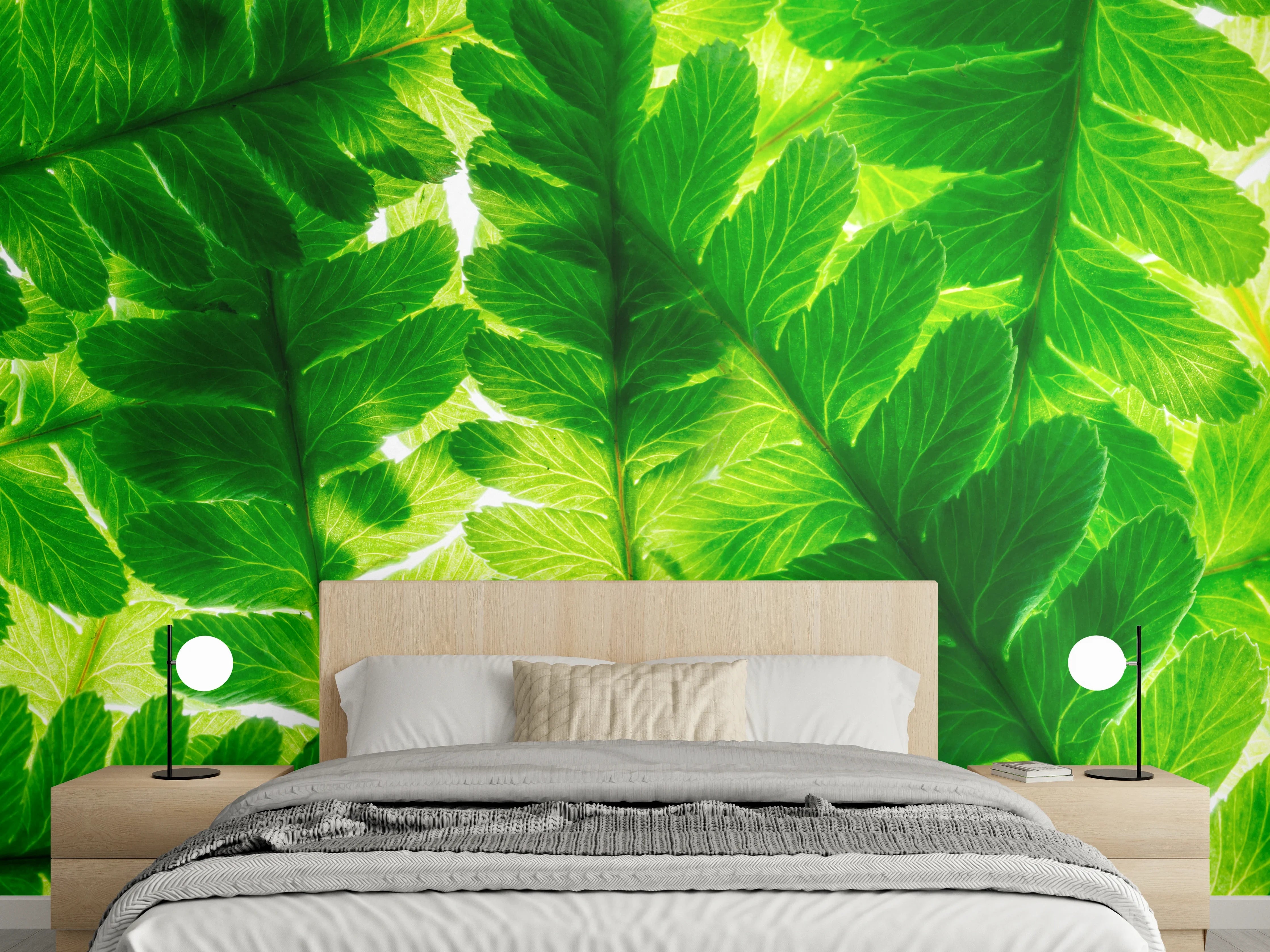 Wandverkleidung Schlafzimmer - Frisches grünes Blattmotiv Naturdekor