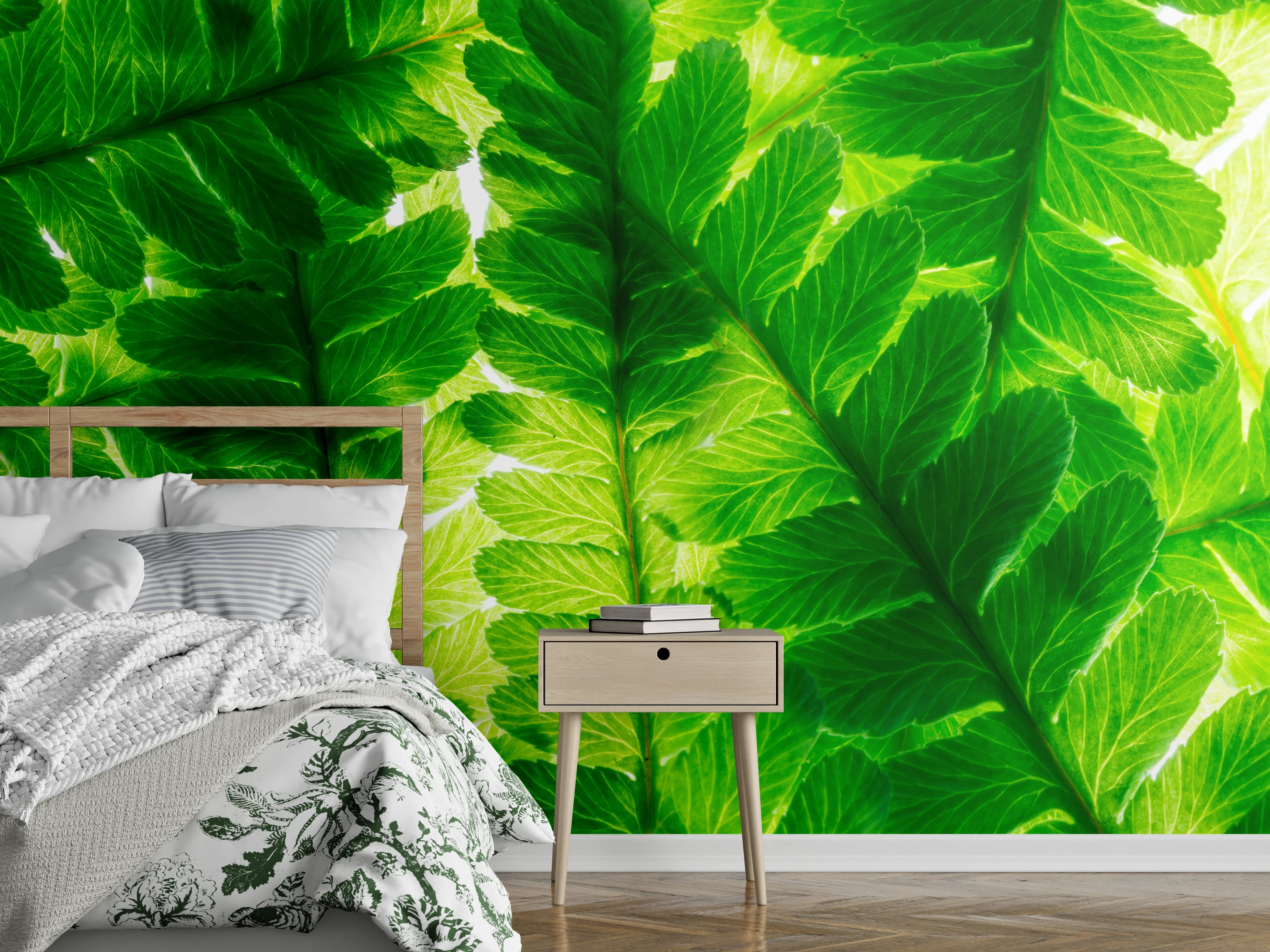 Wandverkleidung Schlafzimmer - Frisches grünes Blattmotiv Naturdekor