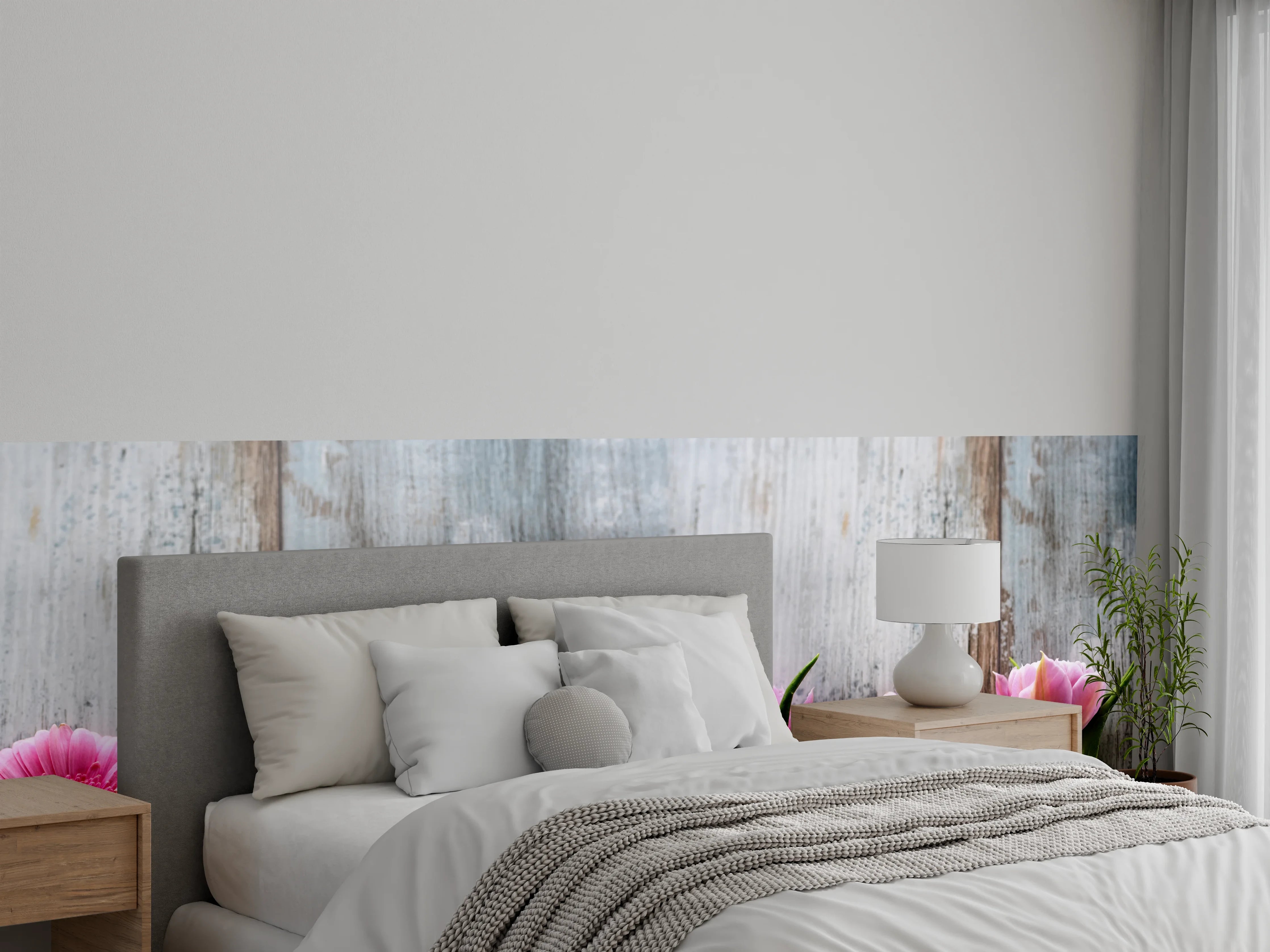 Wandverkleidung Schlafzimmer - Frühlingsblumen auf schäbigem Holz