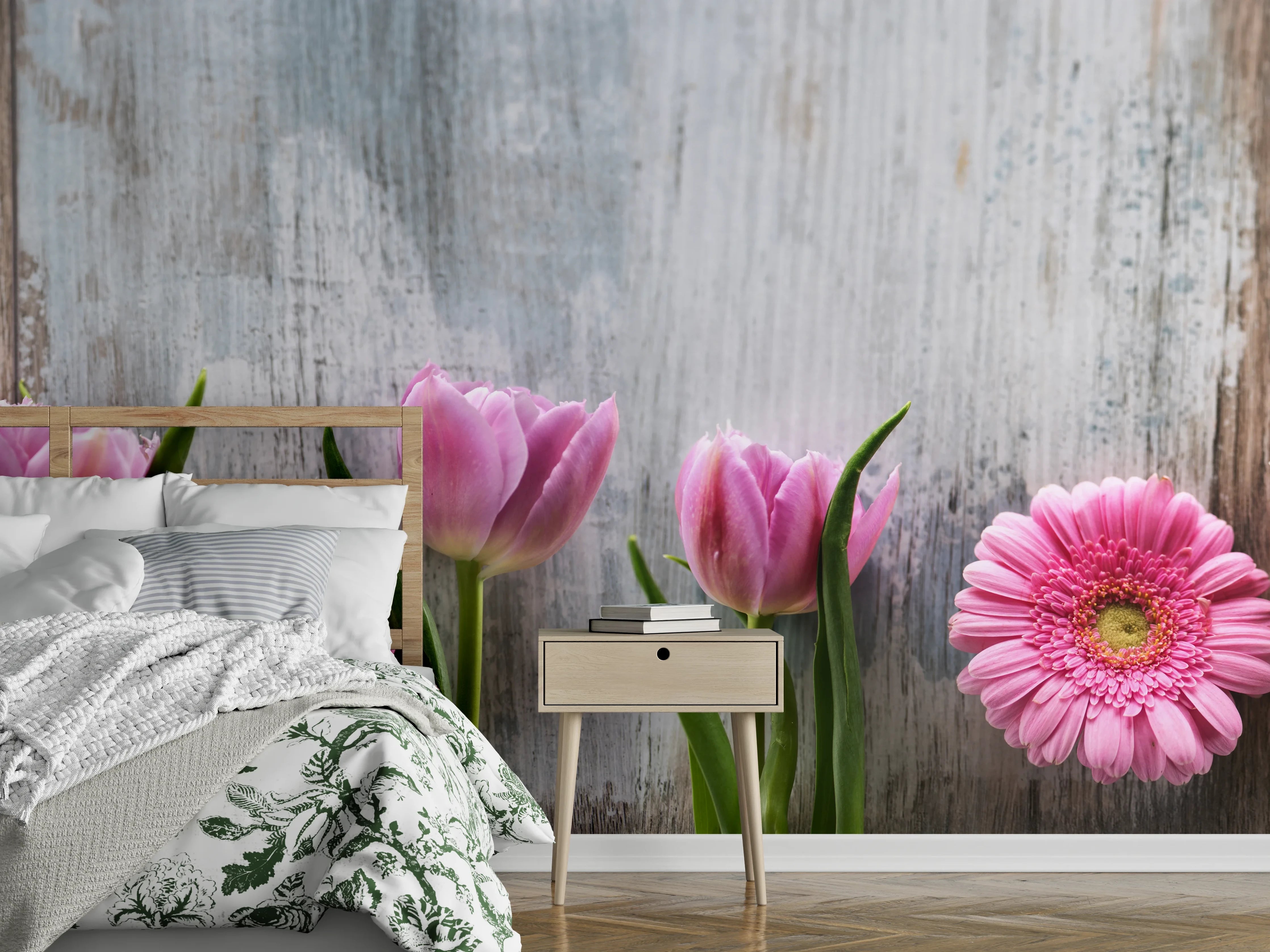 Wandverkleidung Schlafzimmer - Frühlingsblumen auf schäbigem Holz