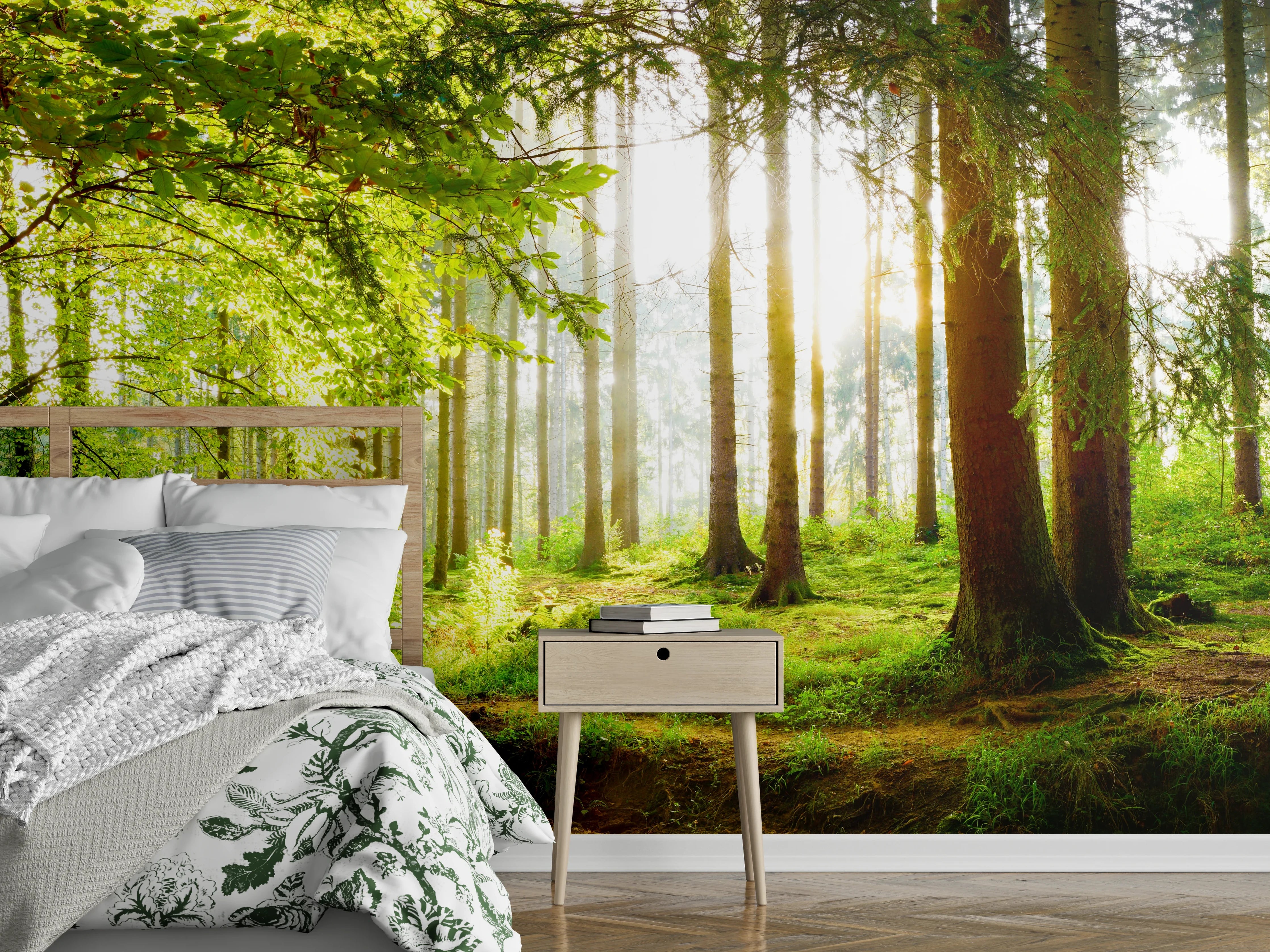 Wandverkleidung Schlafzimmer - Frühlingswald mit Sonnenschein