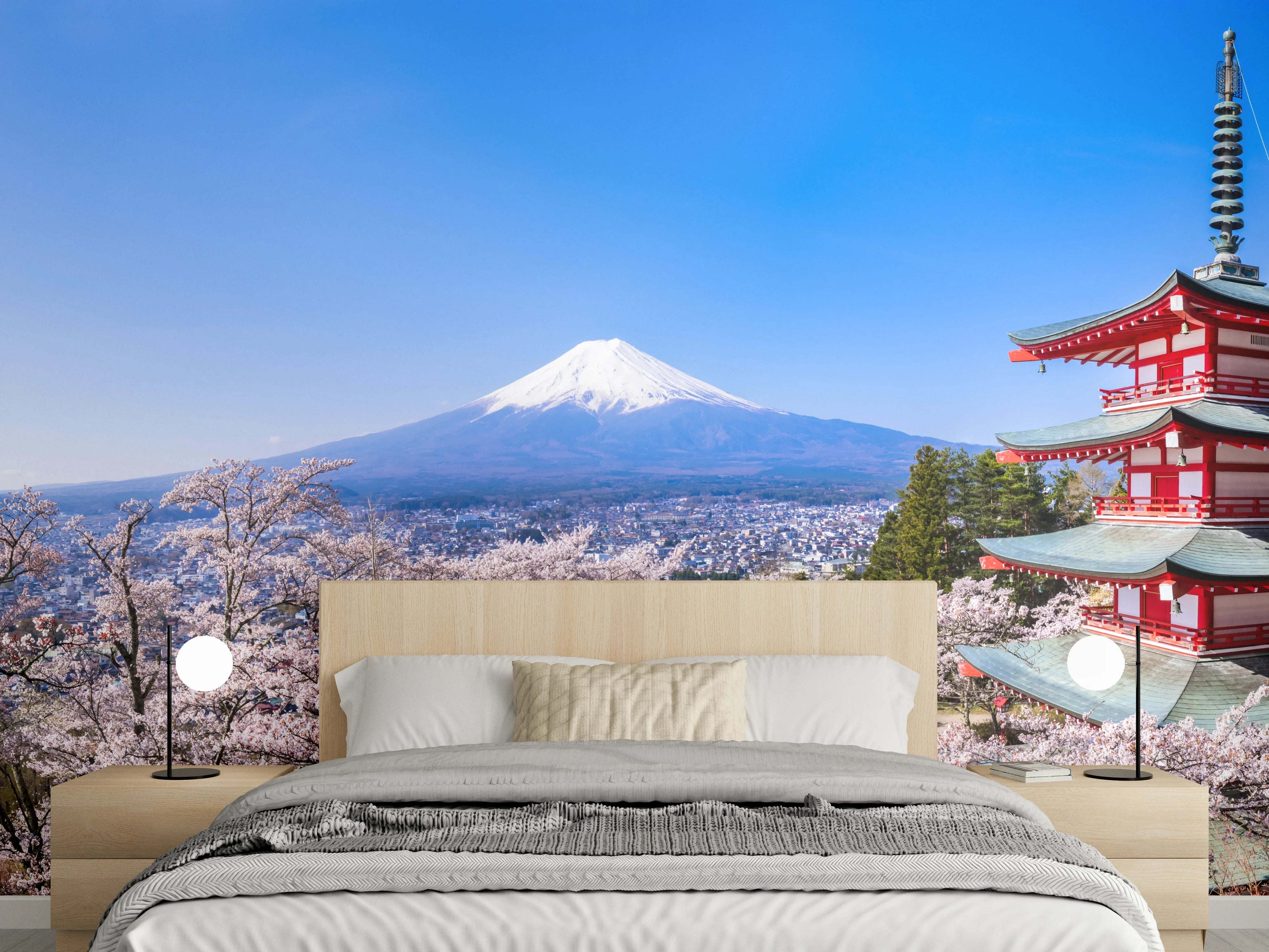 Wandverkleidung Schlafzimmer - Fuji und Pagode im Kirschblütenmeer