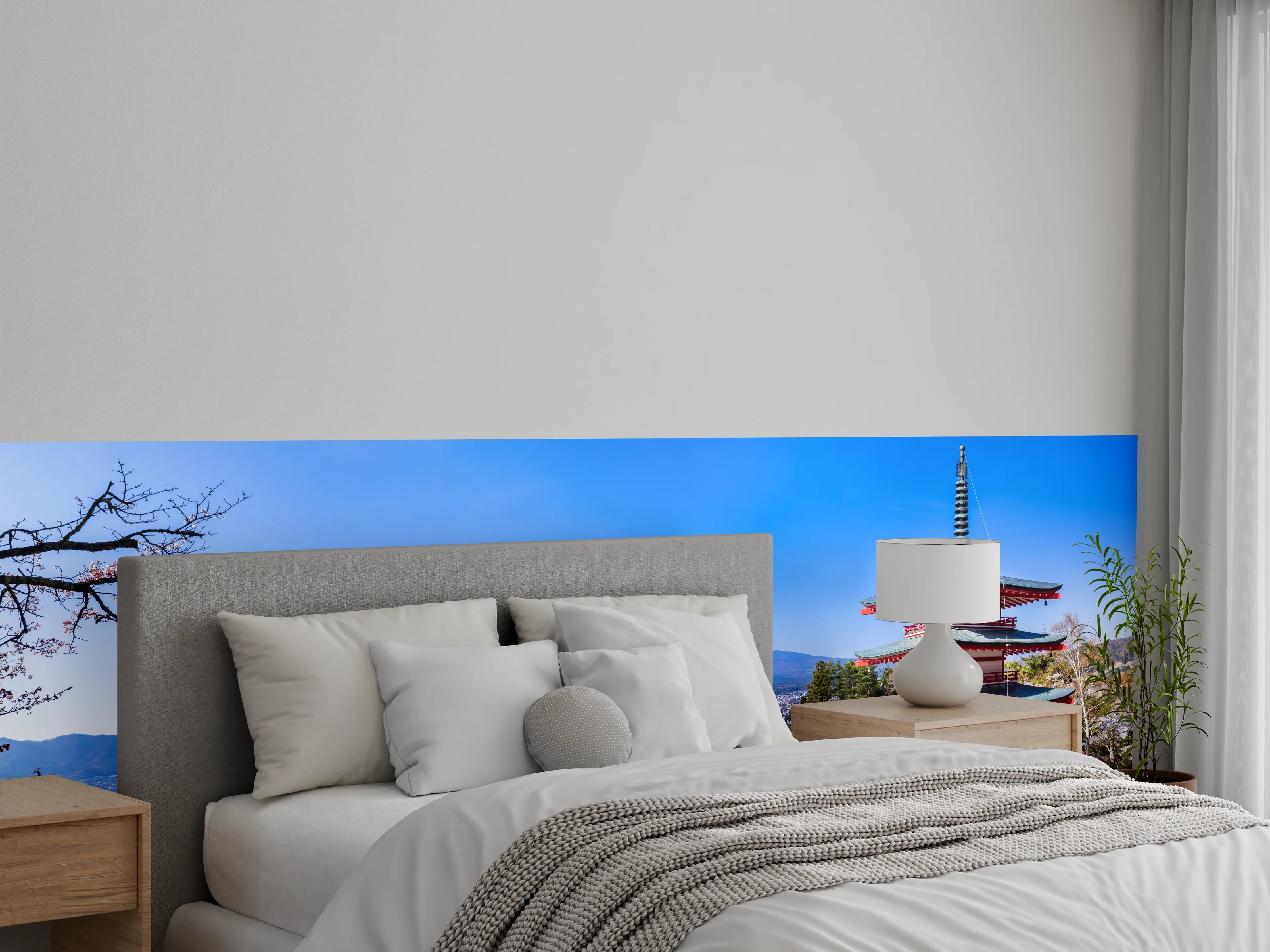 Wandverkleidung Schlafzimmer - Fuji und Pagode im Kirschblütenmeer