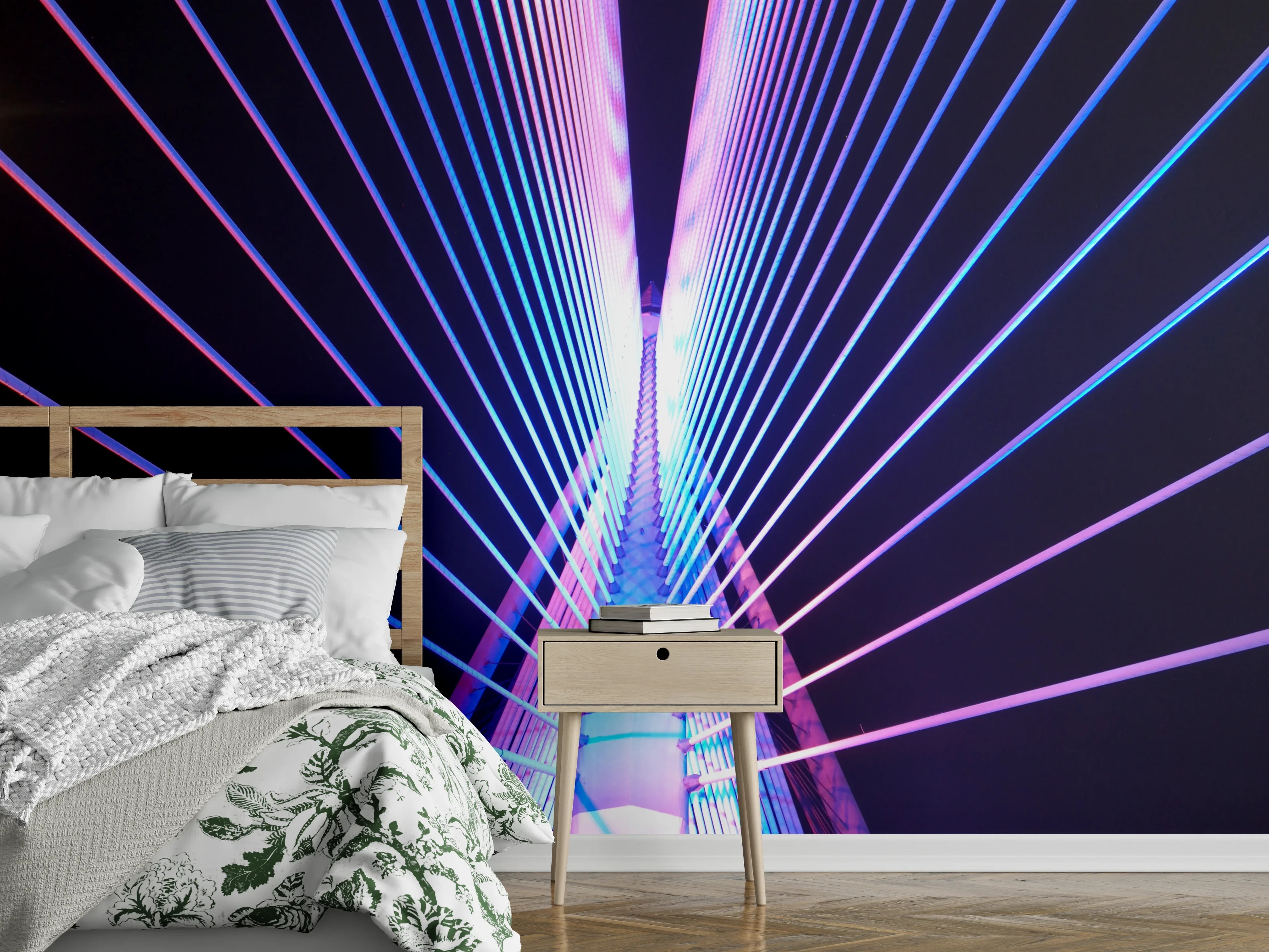 Wandverkleidung Schlafzimmer - Futuristische Brücke in Neonfarben