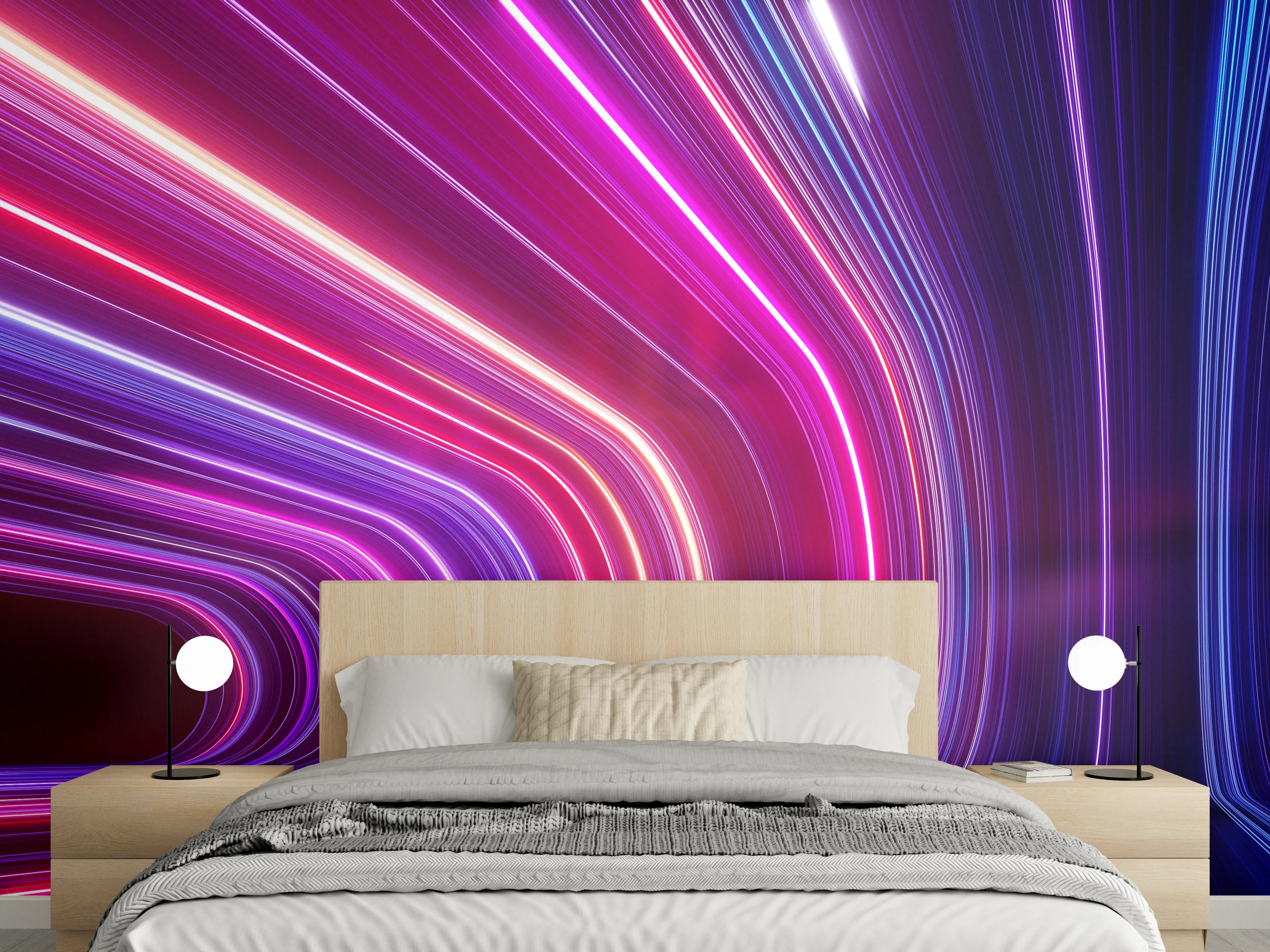 Wandverkleidung Schlafzimmer - Futuristische Neon-Lichter, Abstrakte Linien