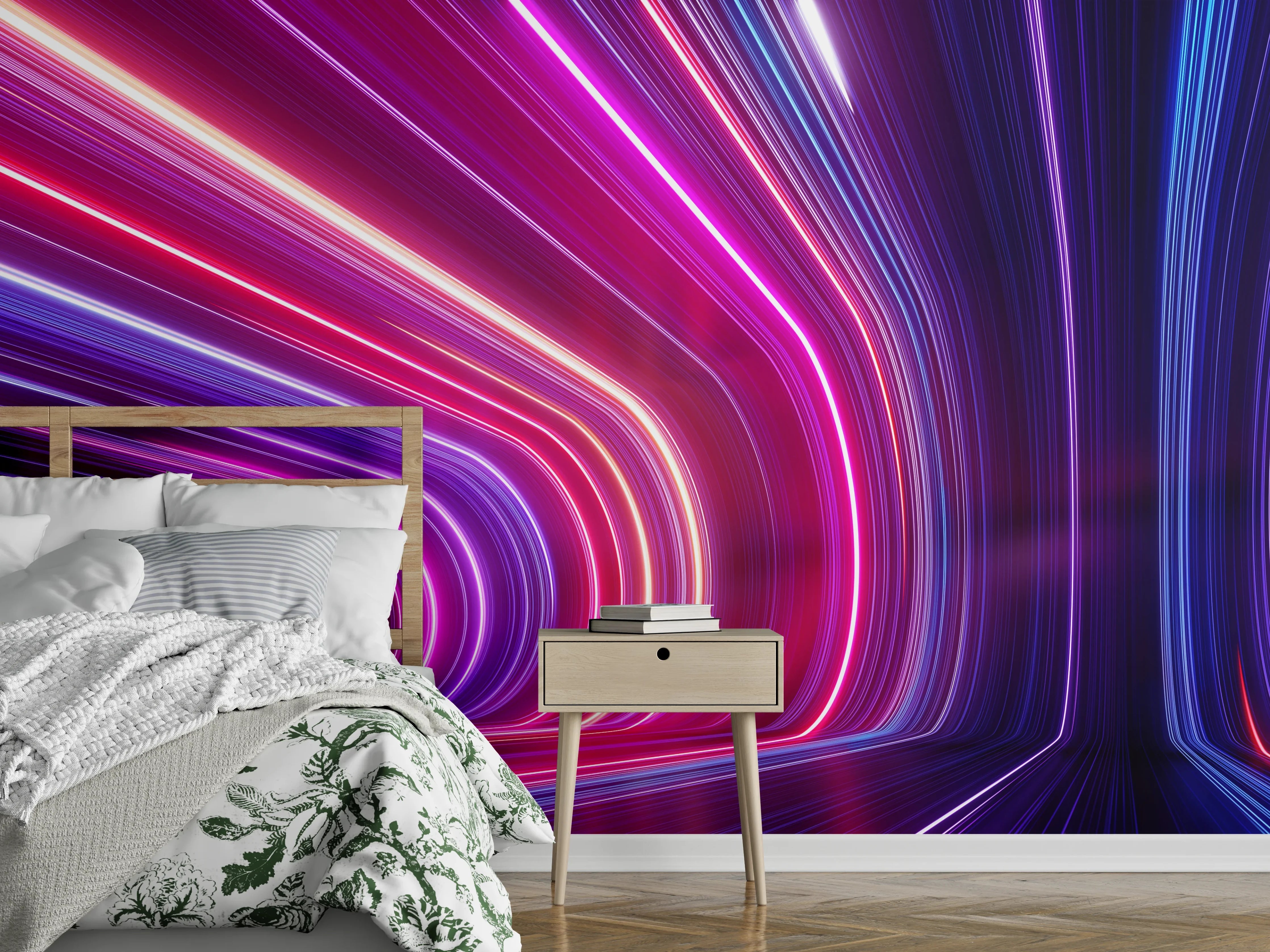 Wandverkleidung Schlafzimmer - Futuristische Neon-Lichter, Abstrakte Linien