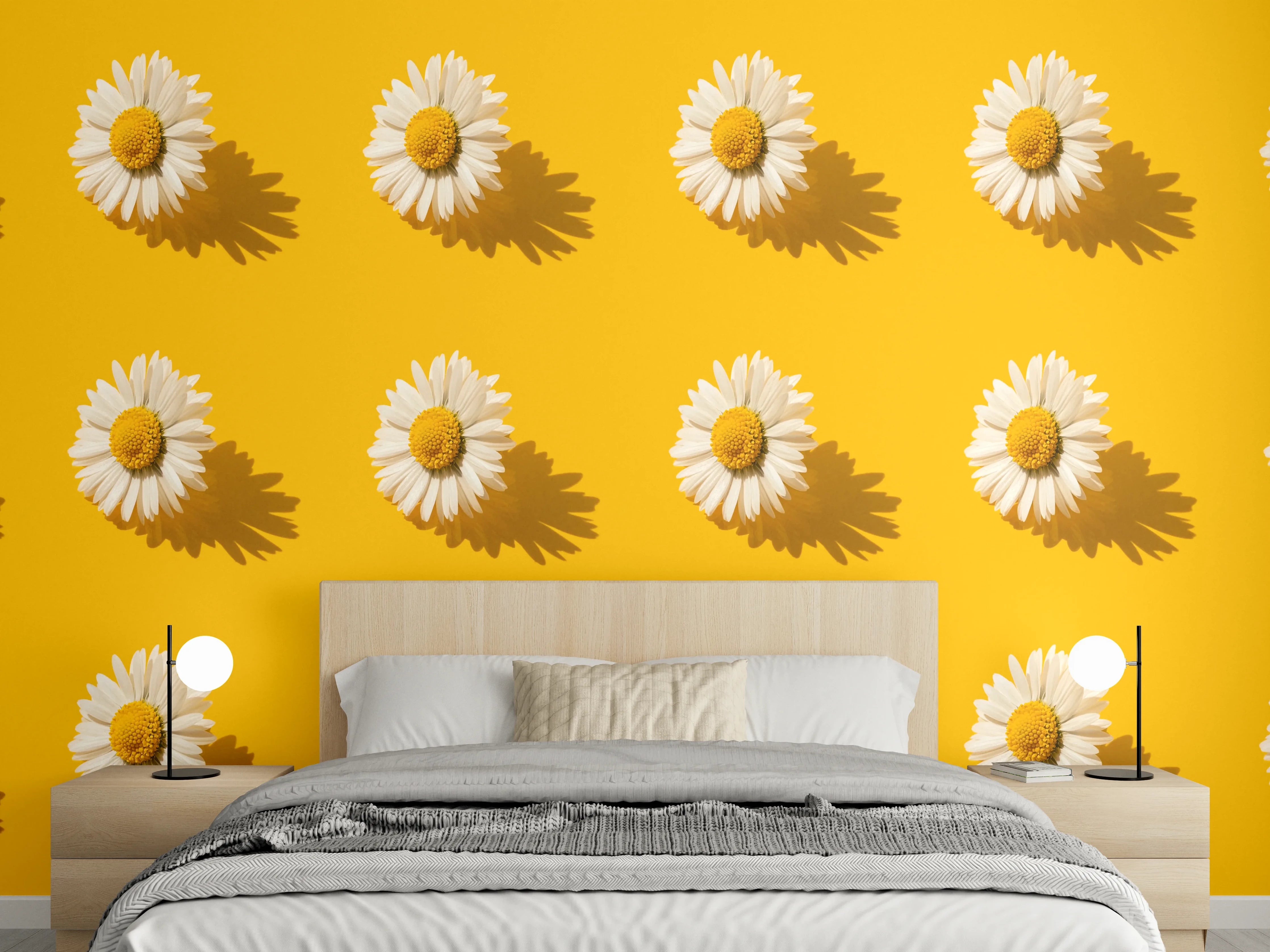 Wandverkleidung Schlafzimmer - Gänseblümchen Muster auf gelbem Hintergrund