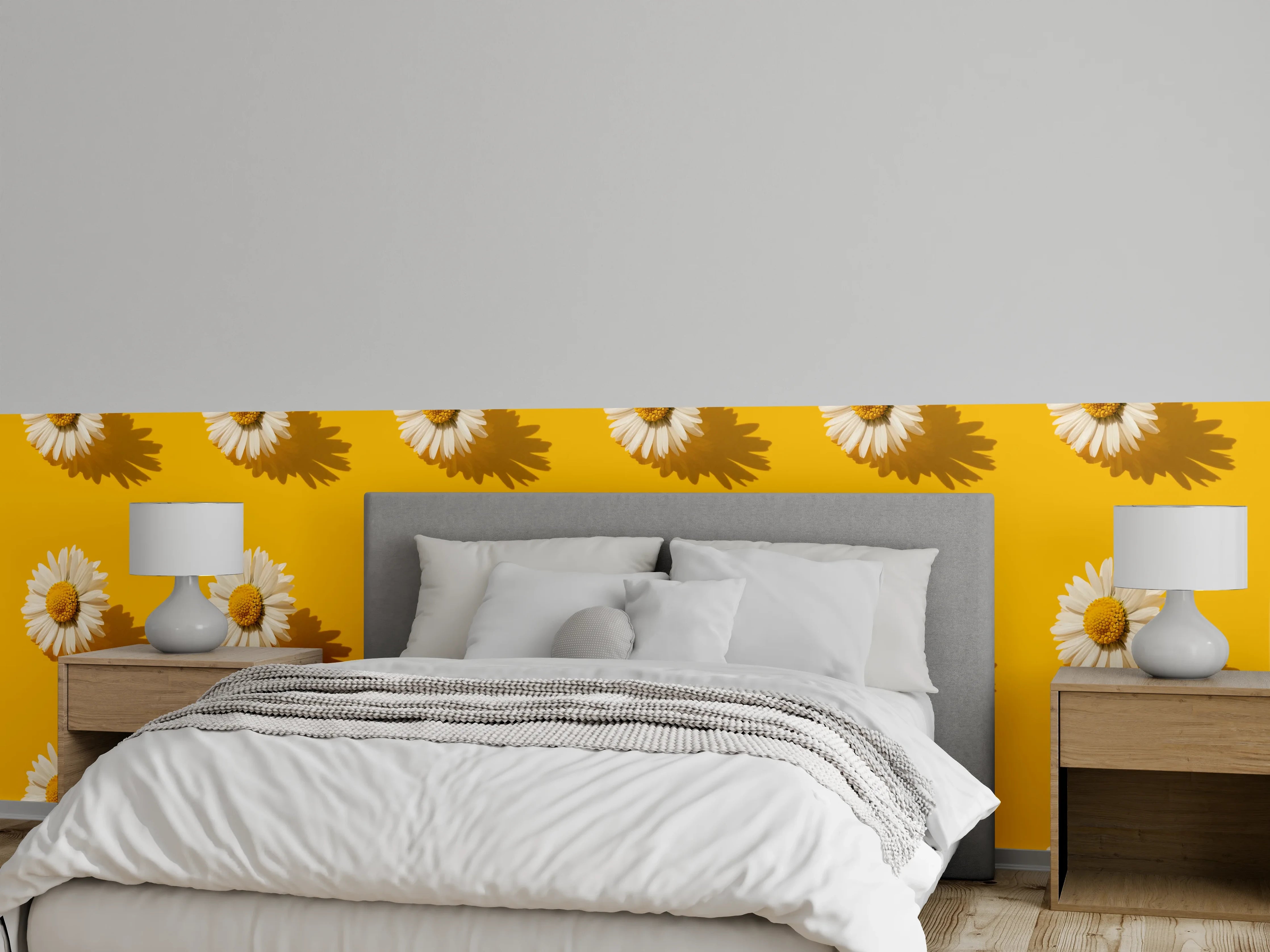 Wandverkleidung Schlafzimmer - Gänseblümchen Muster auf gelbem Hintergrund