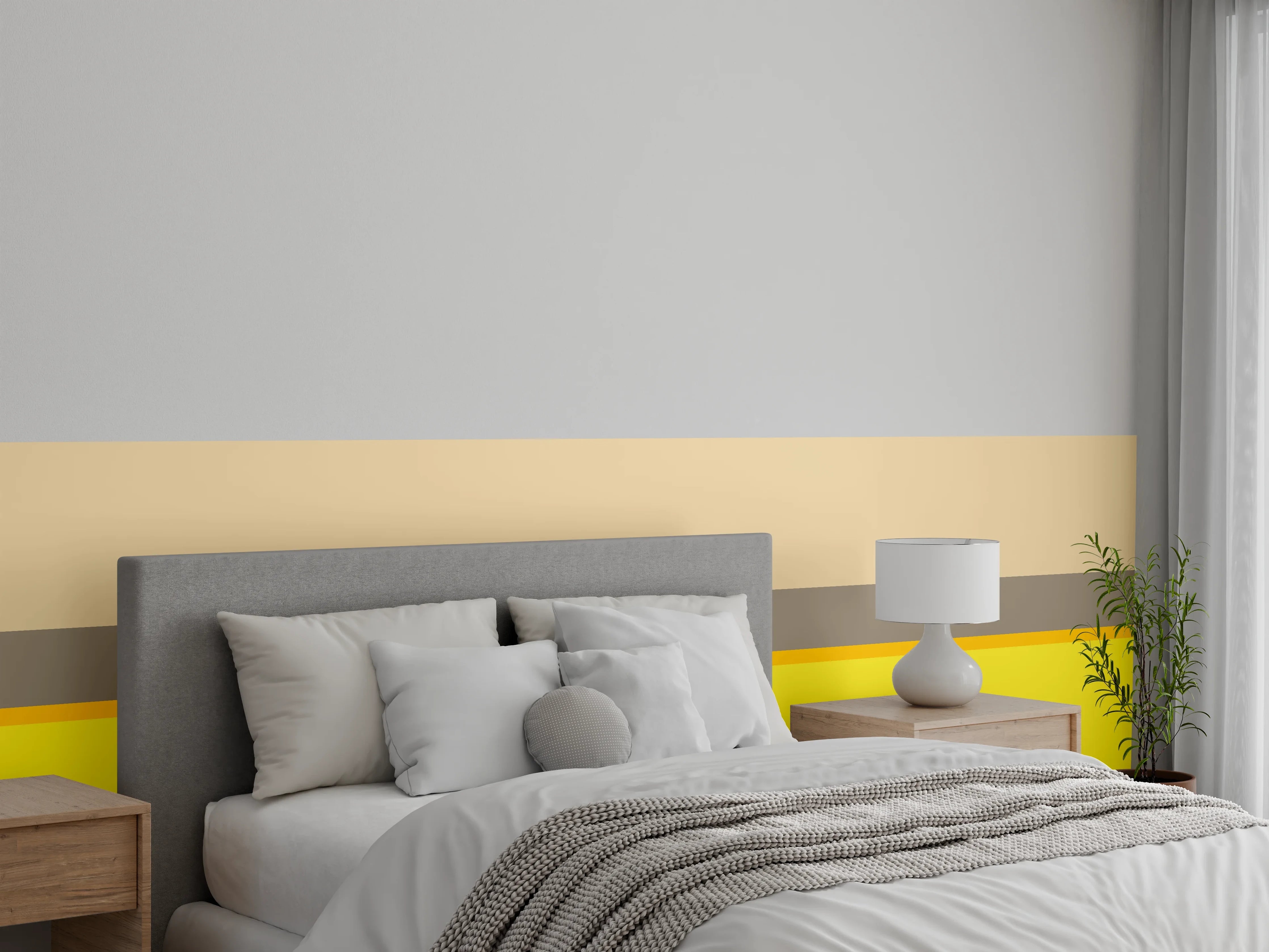 Wandverkleidung Schlafzimmer - Gelb-Beige Streifen mit grauweißem Akzent