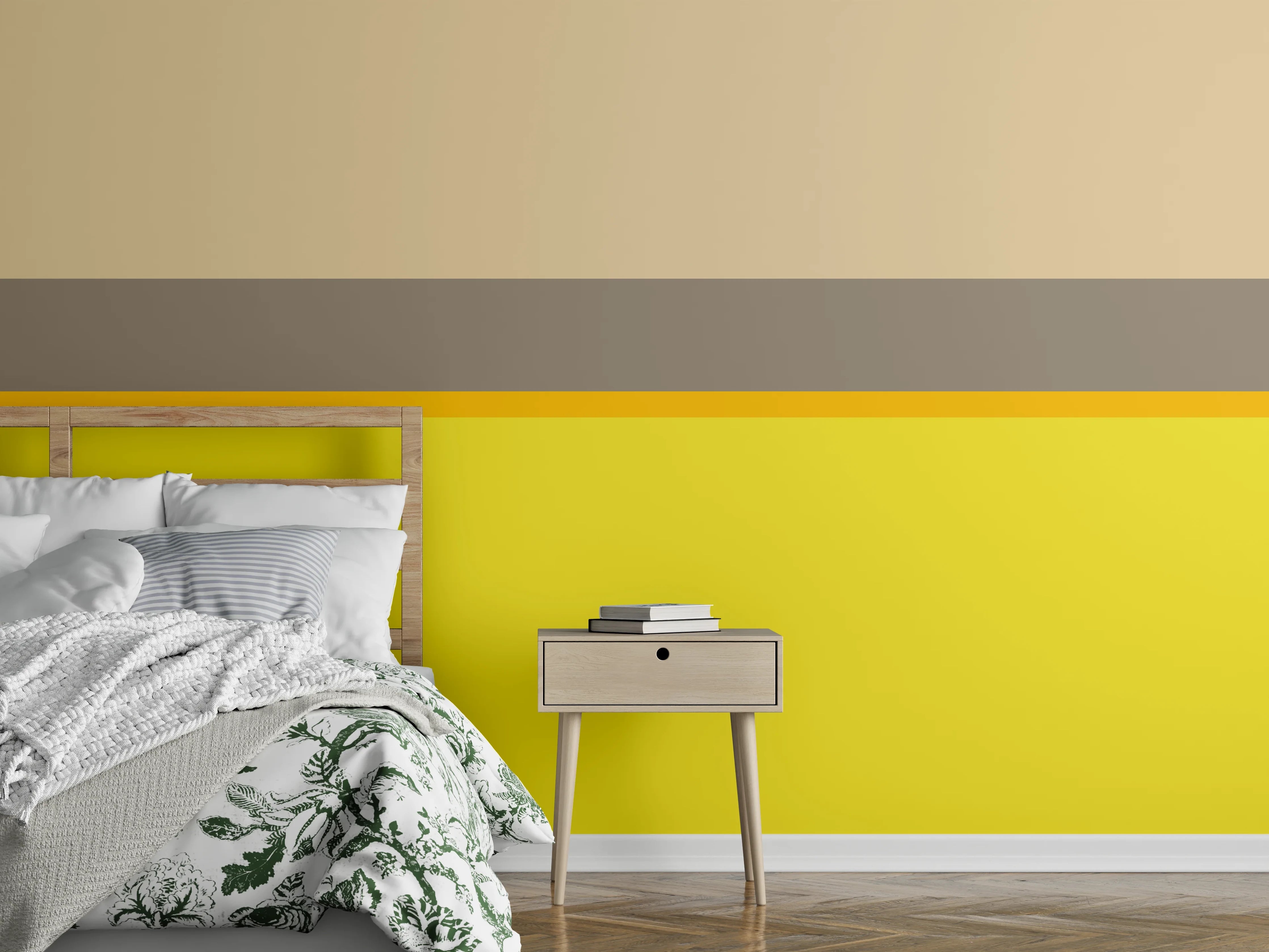 Wandverkleidung Schlafzimmer - Gelb-Beige Streifen mit grauweißem Akzent