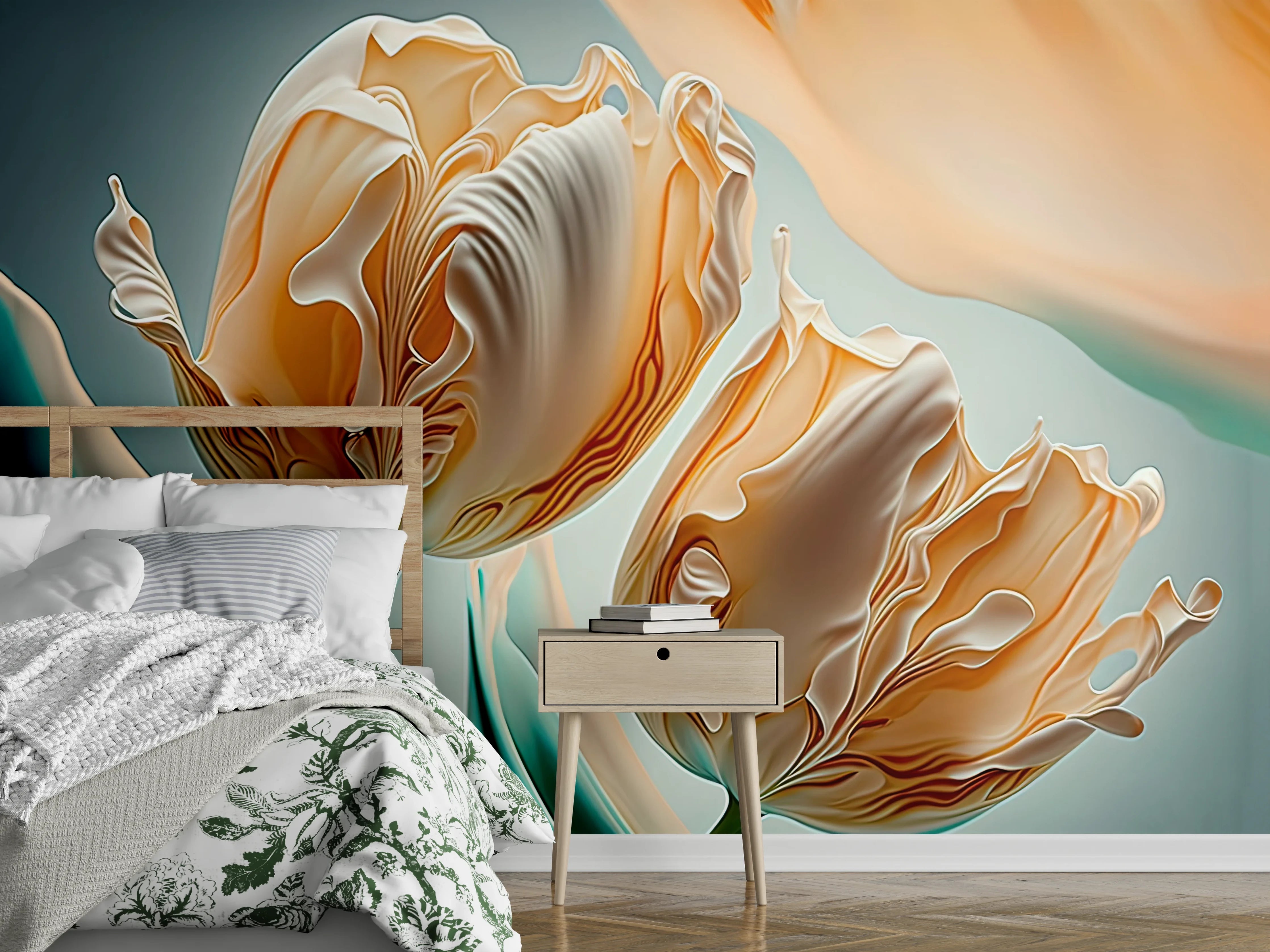 Wandverkleidung Schlafzimmer - Gelb-weiße Tulpenblüten in Nahaufnahme