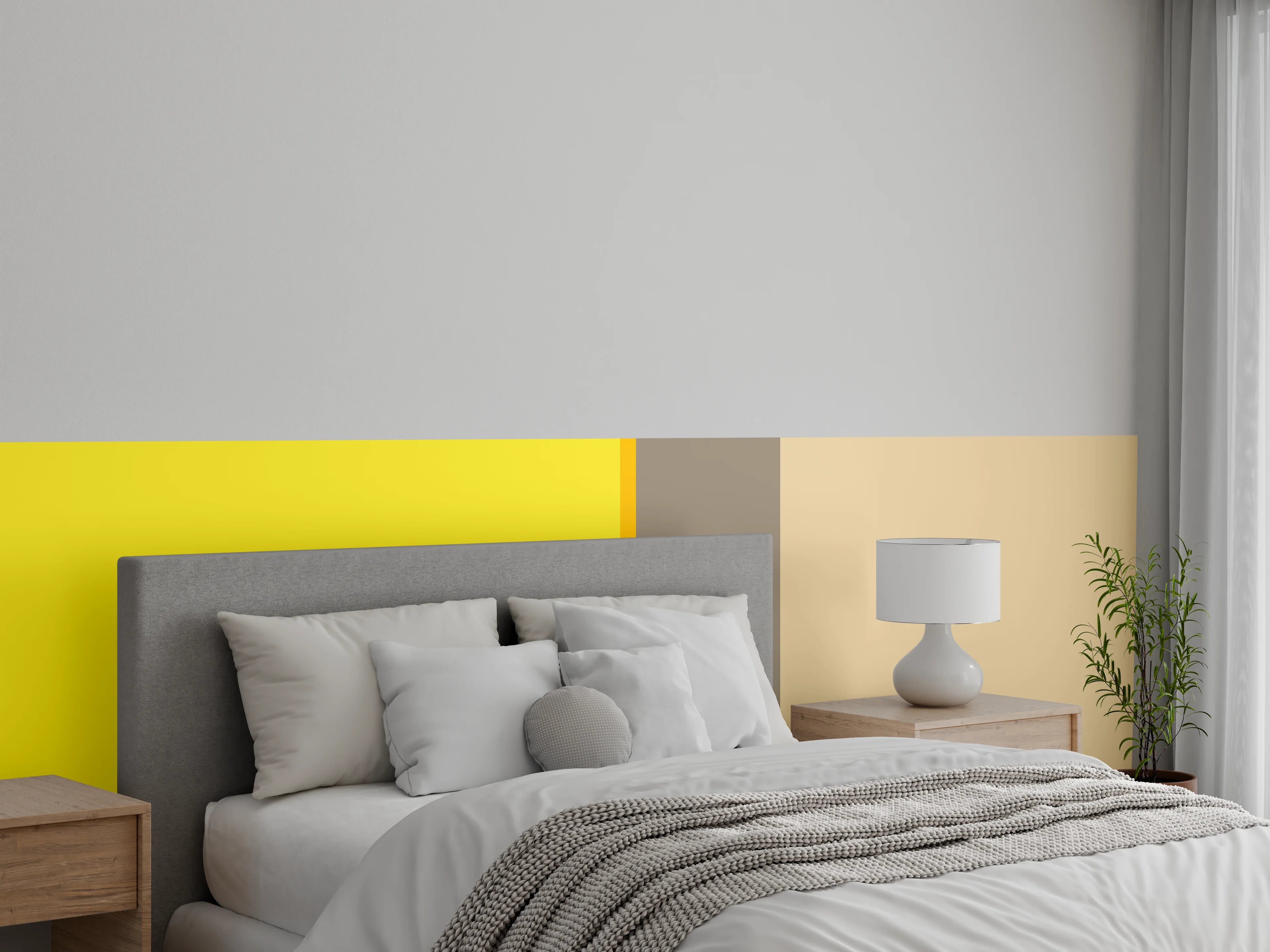 Wandverkleidung Schlafzimmer - Gelbe und beiger Farbverlauf mit vertikaler Linie