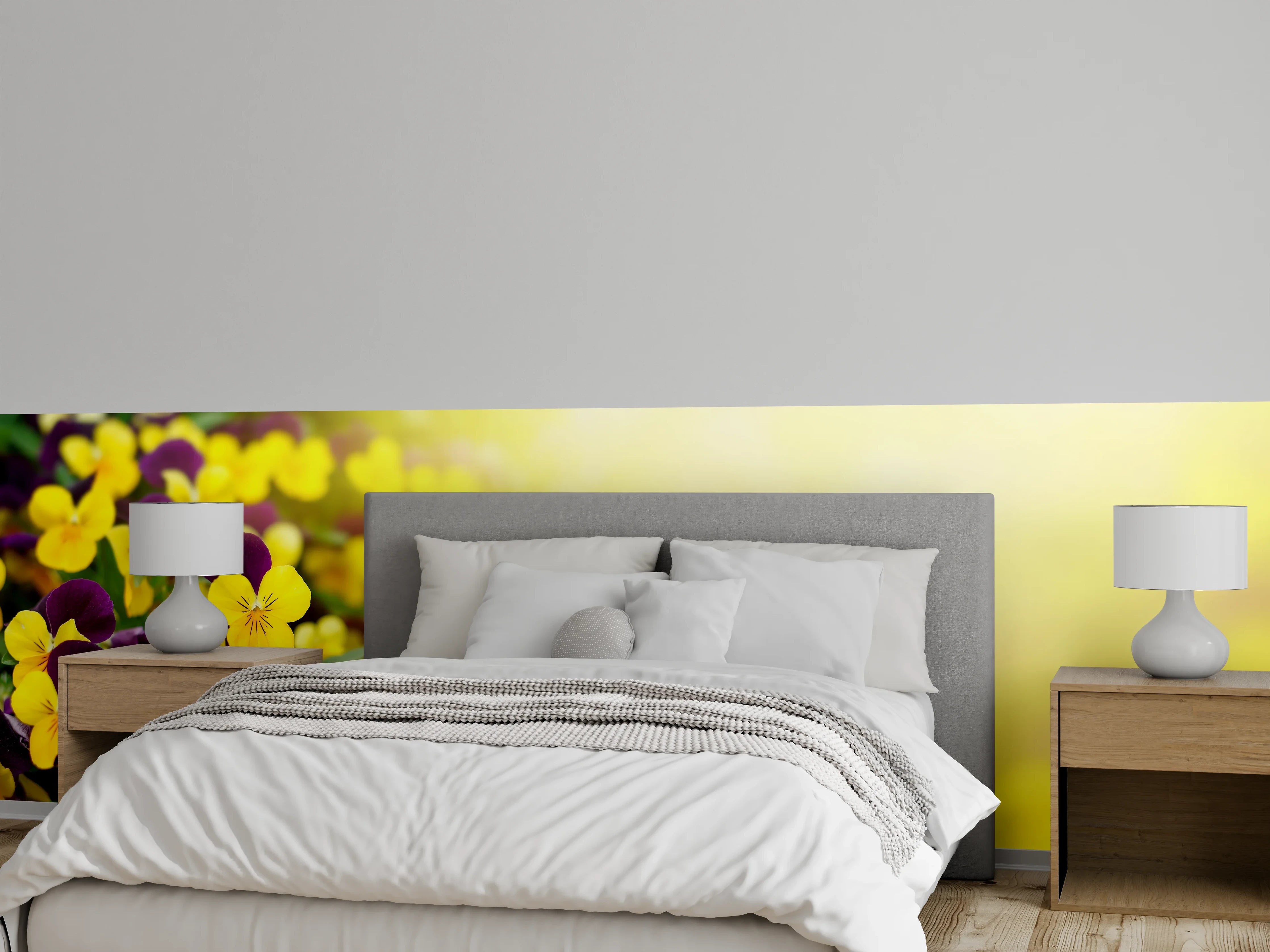 Wandverkleidung Schlafzimmer - Gelbe und violette Blütenpracht
