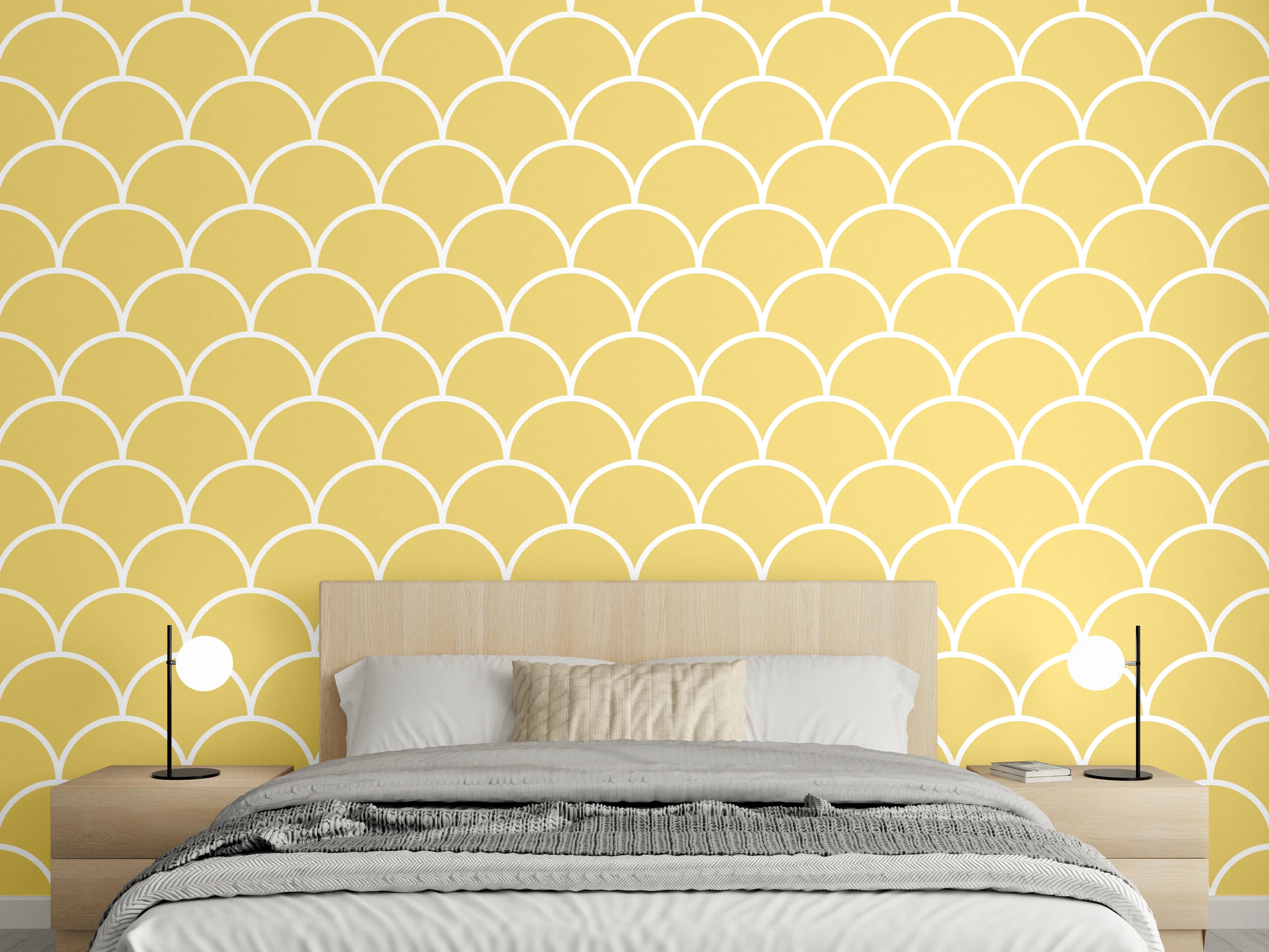 Wandverkleidung Schlafzimmer - Gelbes Art-déco Schuppenmuster Tapete