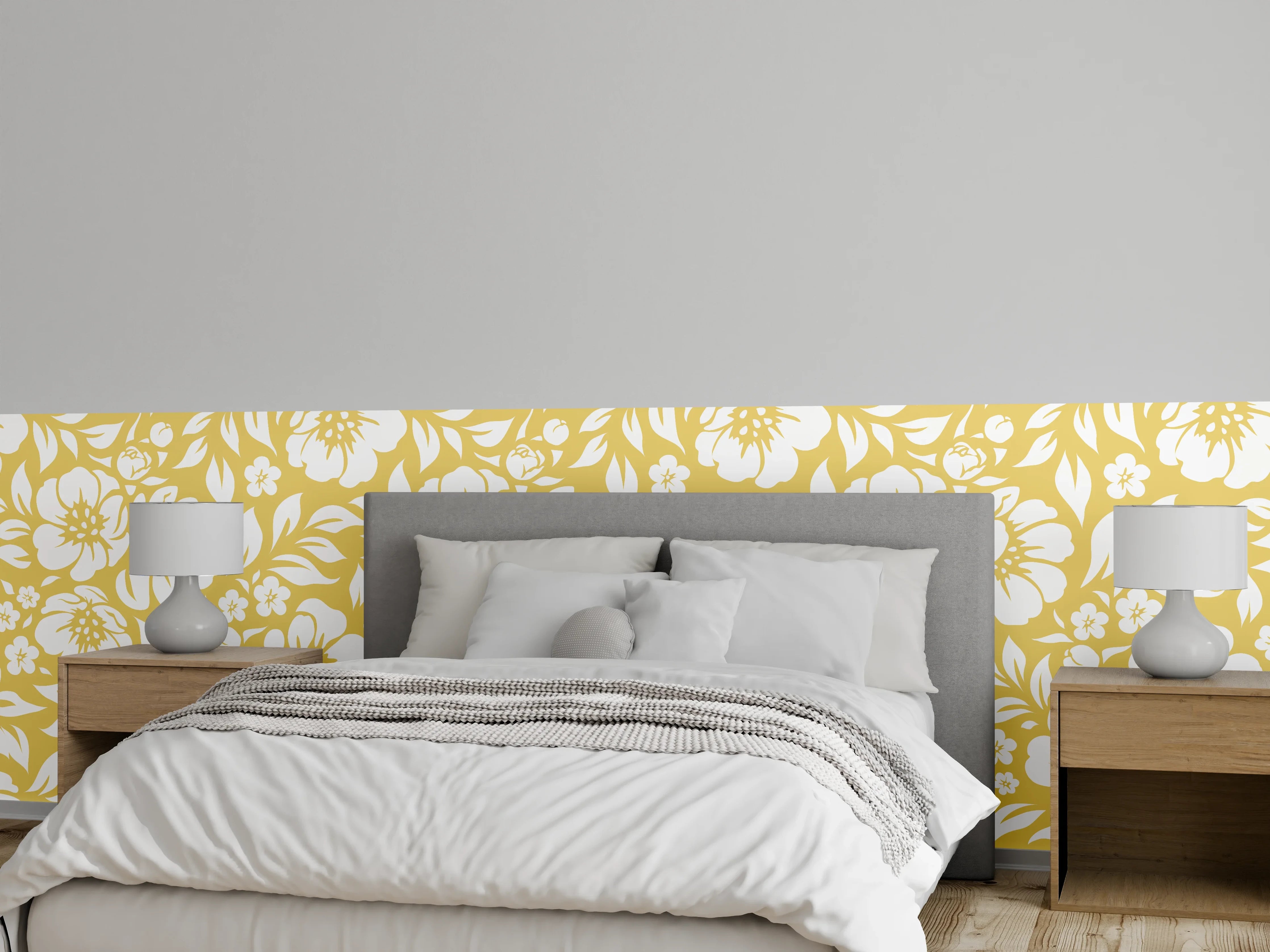 Wandverkleidung Schlafzimmer - Gelbes Blumenmuster auf Weiß