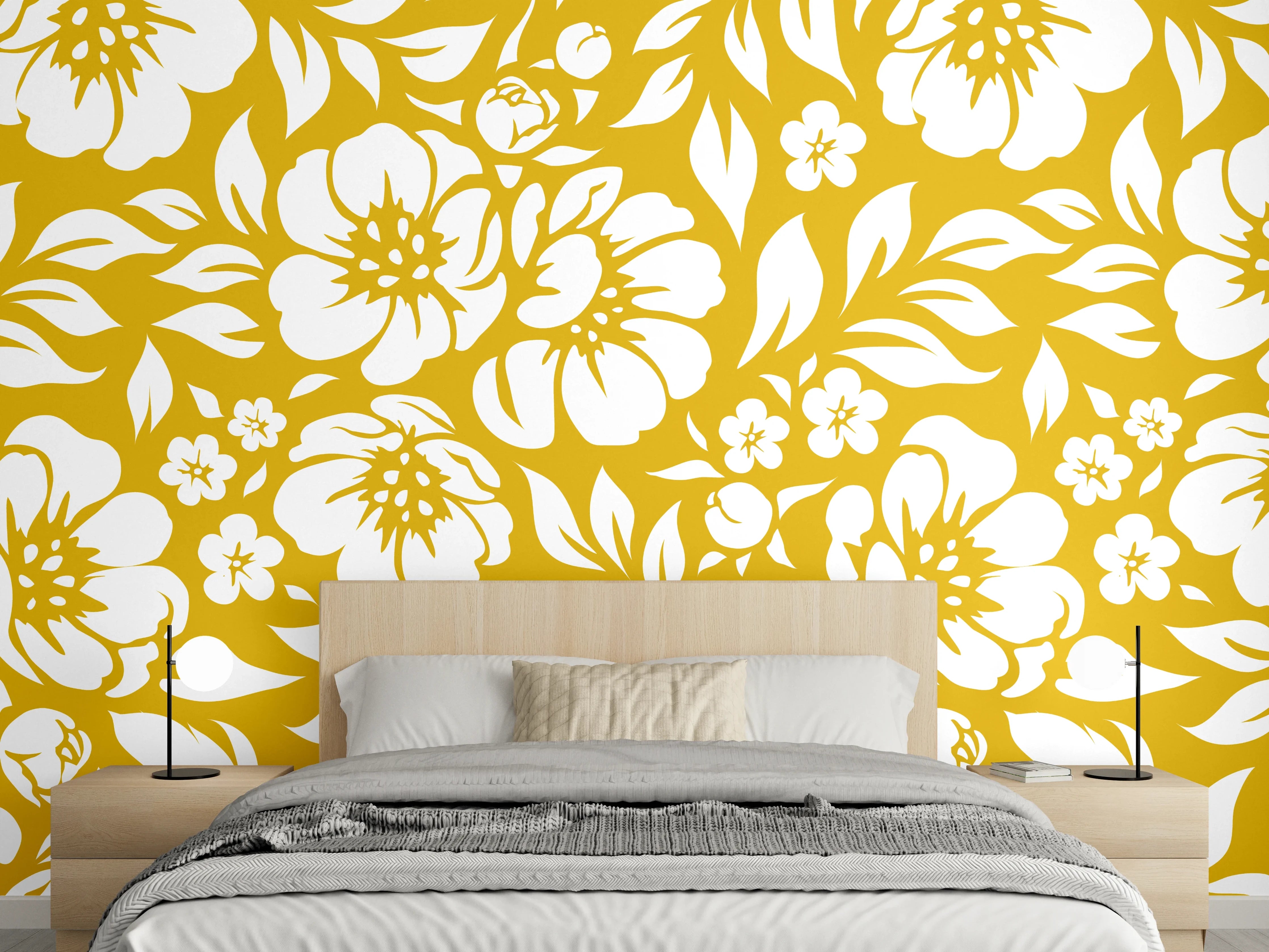 Wandverkleidung Schlafzimmer - Gelbes Blumenmuster mit weißen Akzenten