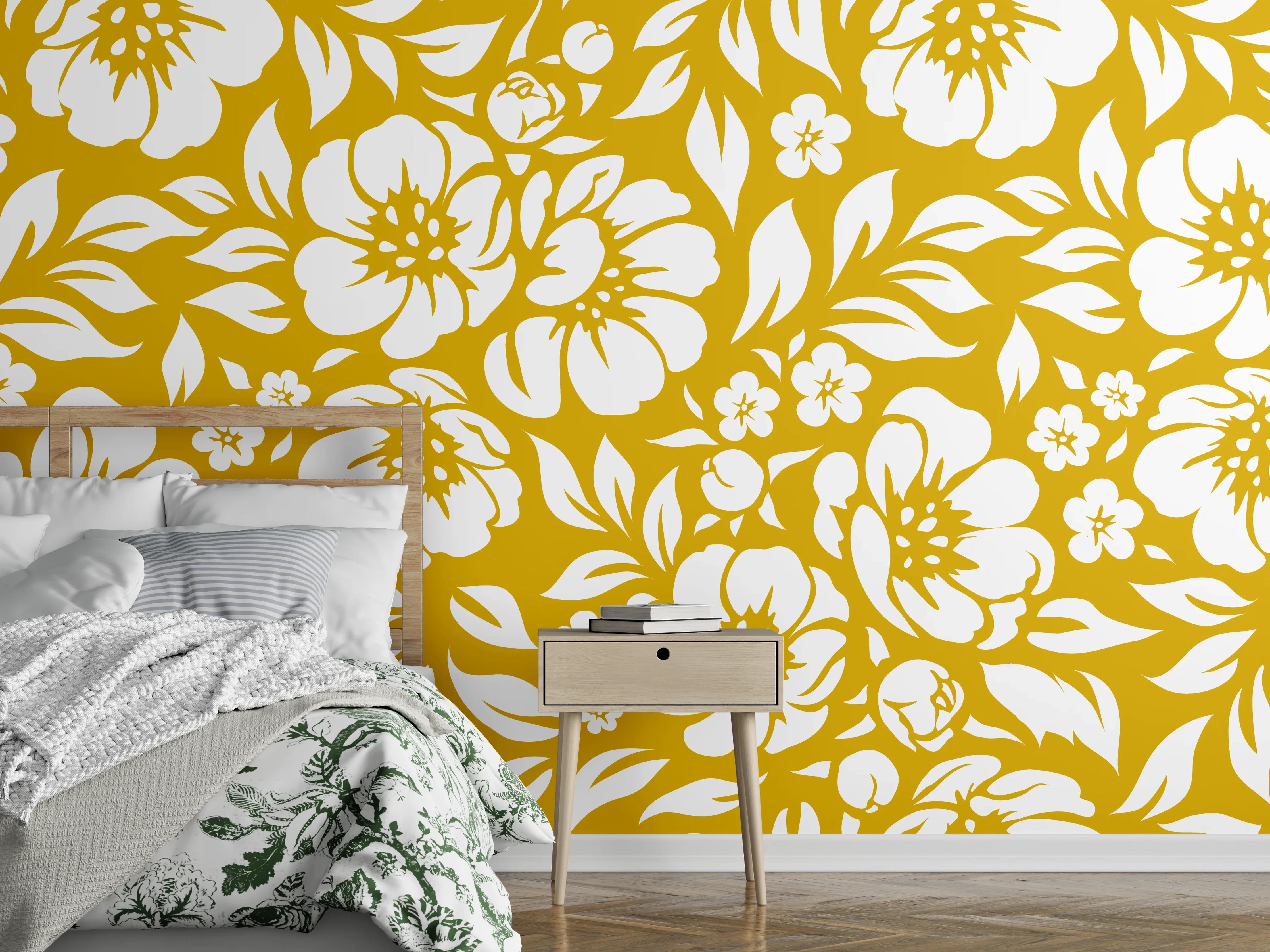 Wandverkleidung Schlafzimmer - Gelbes Blumenmuster mit weißen Akzenten