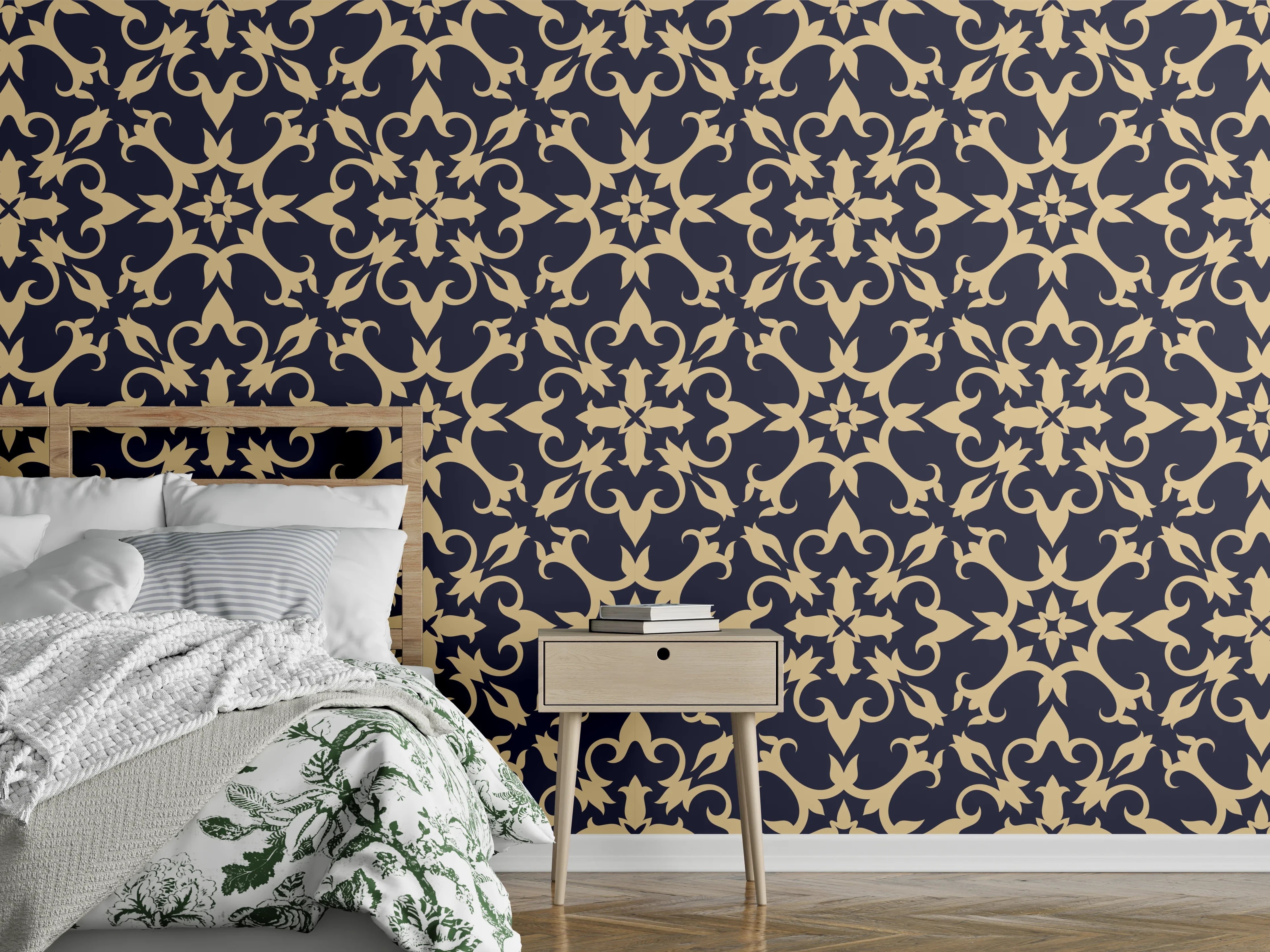 Wandverkleidung Schlafzimmer - Gelbes Ornament-Muster