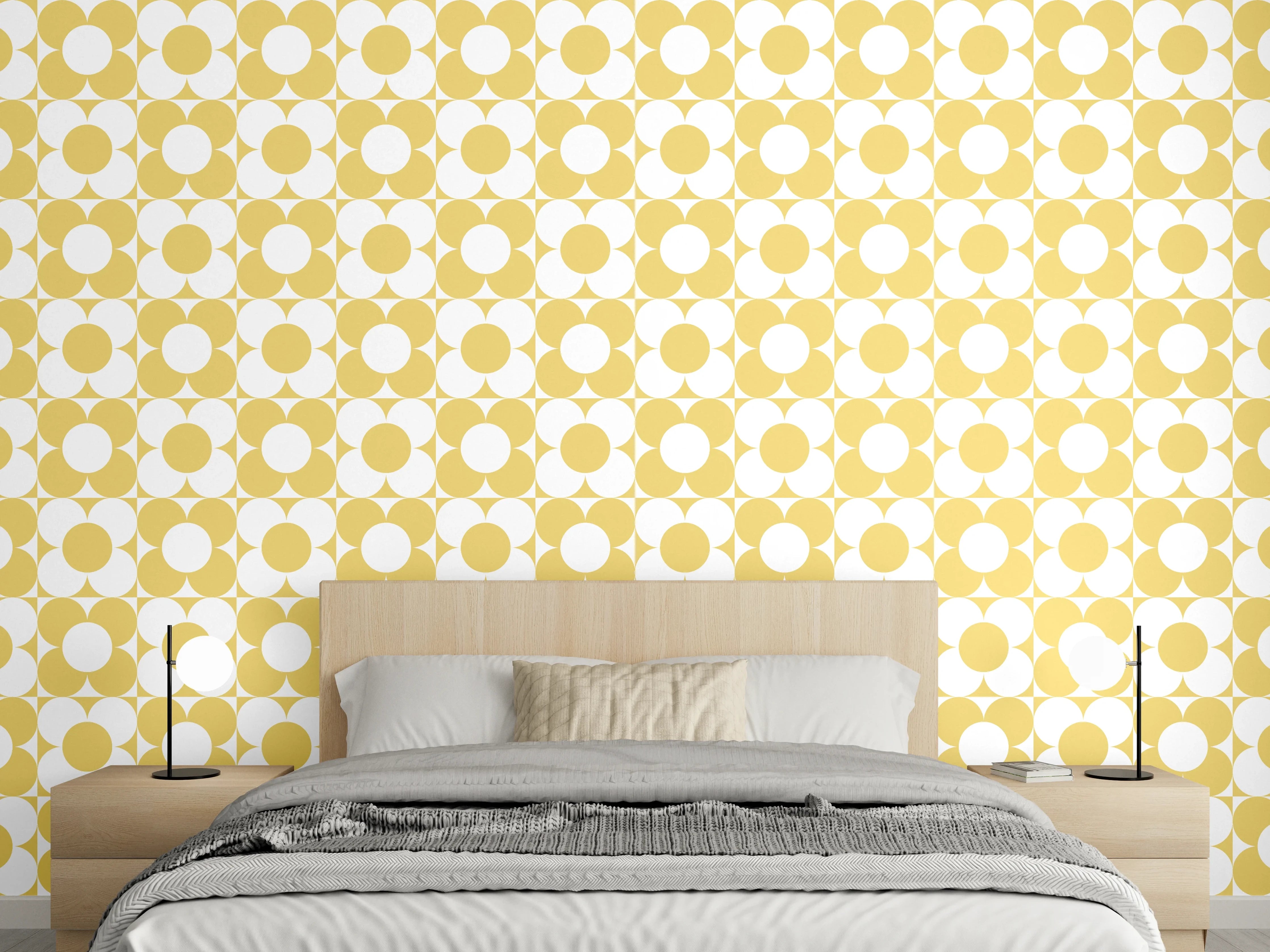 Wandverkleidung Schlafzimmer - Gelbes Retro-Blumenmuster modern