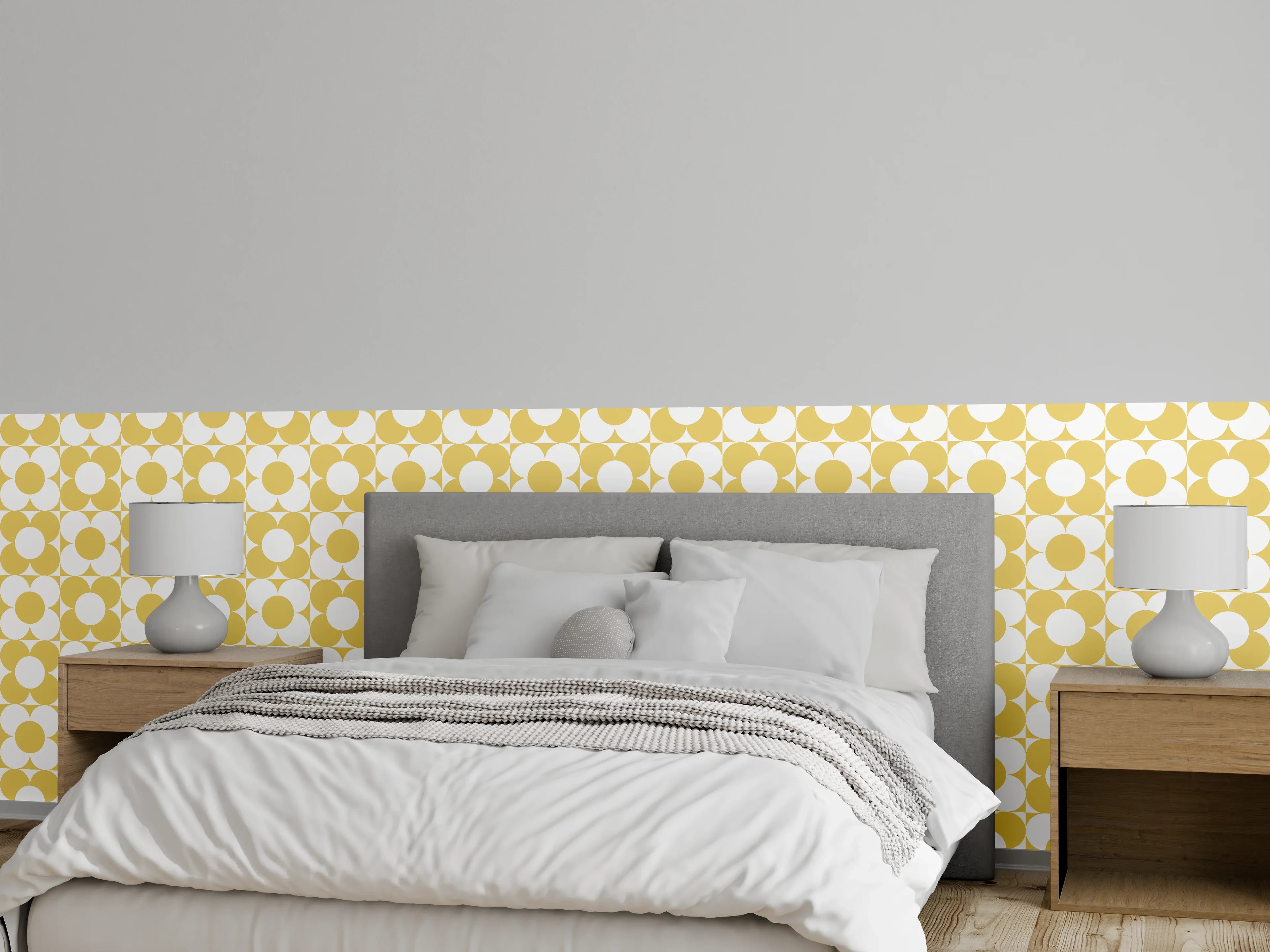 Wandverkleidung Schlafzimmer - Gelbes Retro-Blumenmuster modern