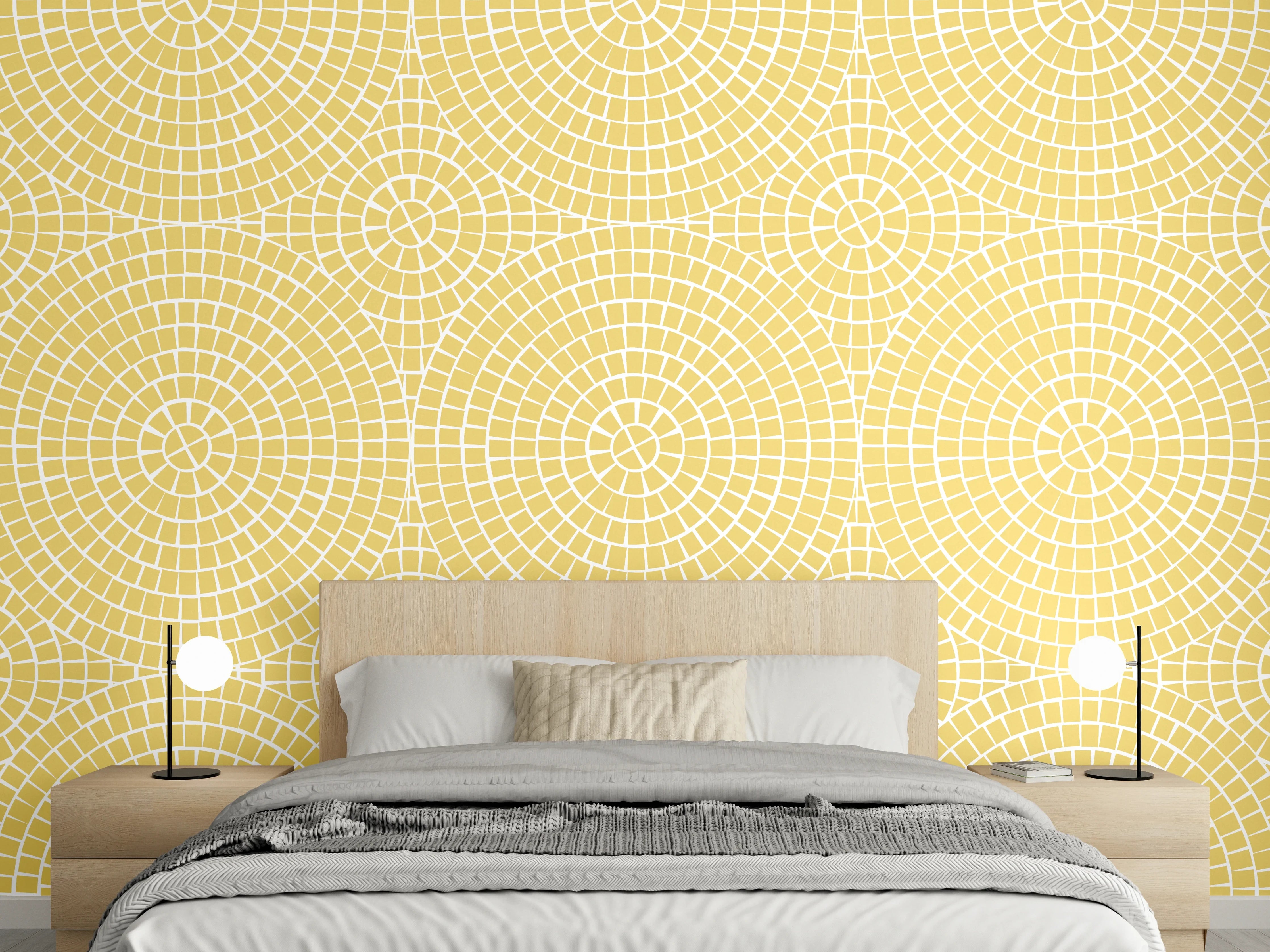Wandverkleidung Schlafzimmer - Gelbes Retro-Muster mit feinen Kreisen