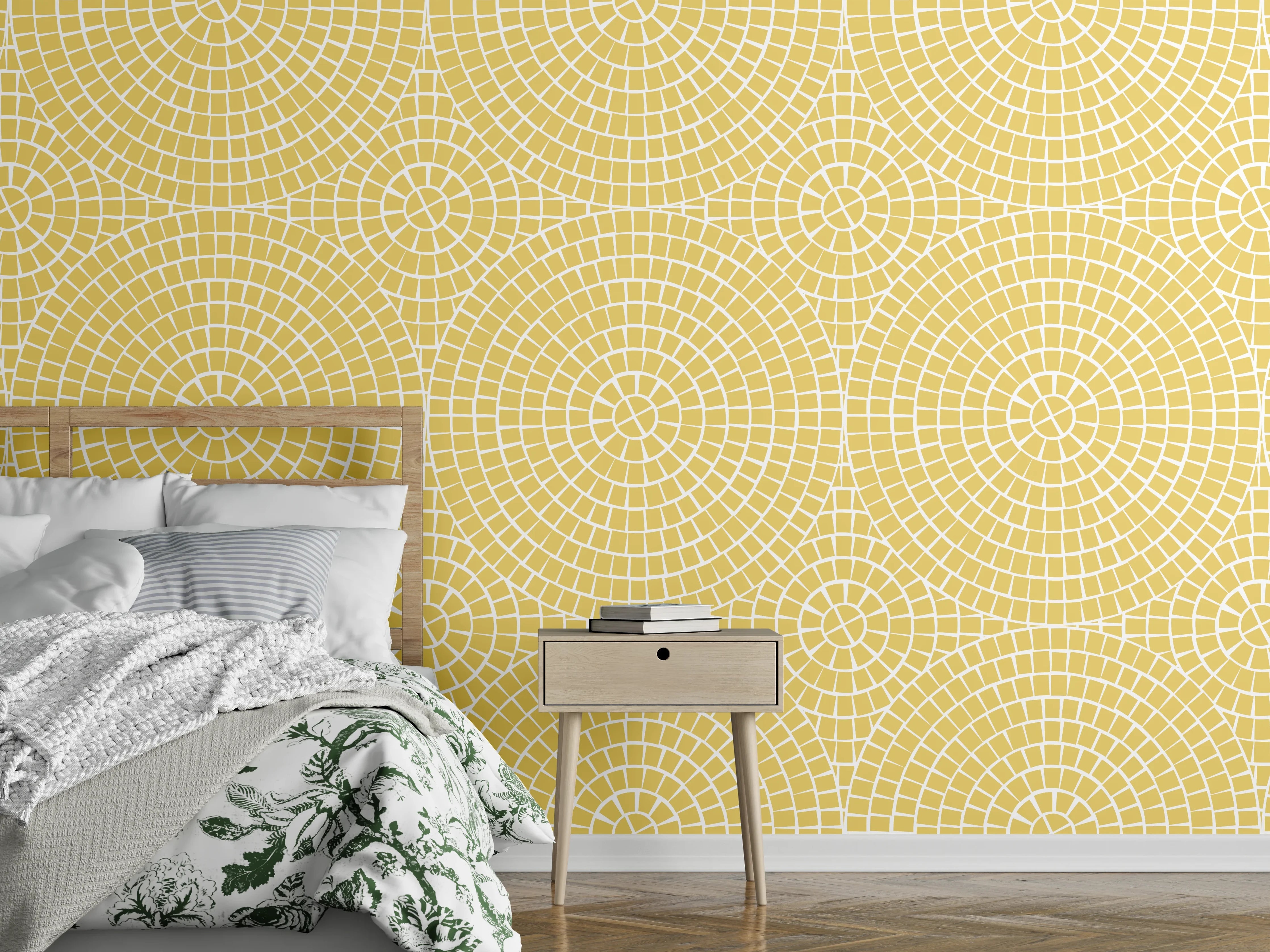 Wandverkleidung Schlafzimmer - Gelbes Retro-Muster mit feinen Kreisen